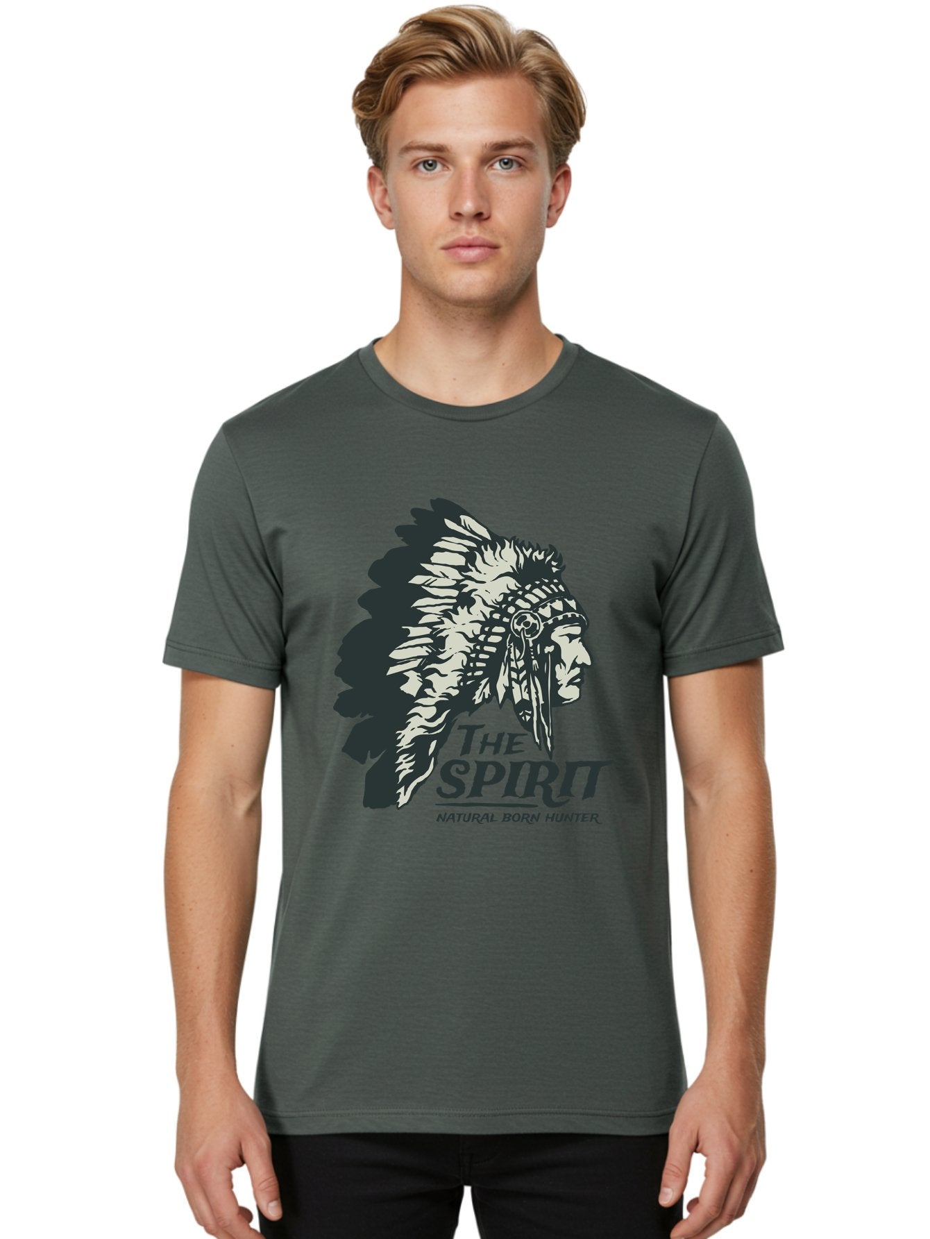 Natural Born Hunter Men'S Graphic Tee, 100% Cotton, Comfortable Casual Summer Wear, Machine Washable, Native American Chief, Feathered Headdress, Natural Born Hunter, Tribal Heritage, Outdoorsman, Hunting Culture, Rugged Individualism, Aae532 23