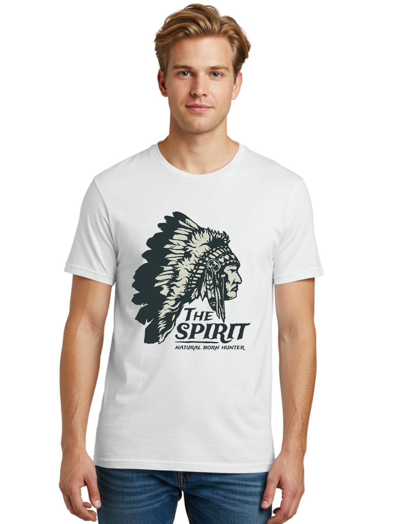Natural Born Hunter Men'S Graphic Tee, 100% Cotton, Comfortable Casual Summer Wear, Machine Washable, Native American Chief, Feathered Headdress, Natural Born Hunter, Tribal Heritage, Outdoorsman, Hunting Culture, Rugged Individualism, Aae532 17