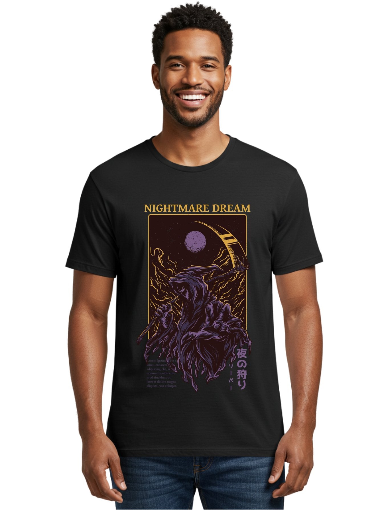 Nightmare Dream Men'S Graphic Tee, 100% Cotton, Comfortable Casual Summer Wear, Machine Washable, Grim Reaper Illustration, Nightmares And Dreams, Dark Fantasy, Purple And Gold, Mystical Night, Reaper With Scythe, Horror Elements, Aae534 16