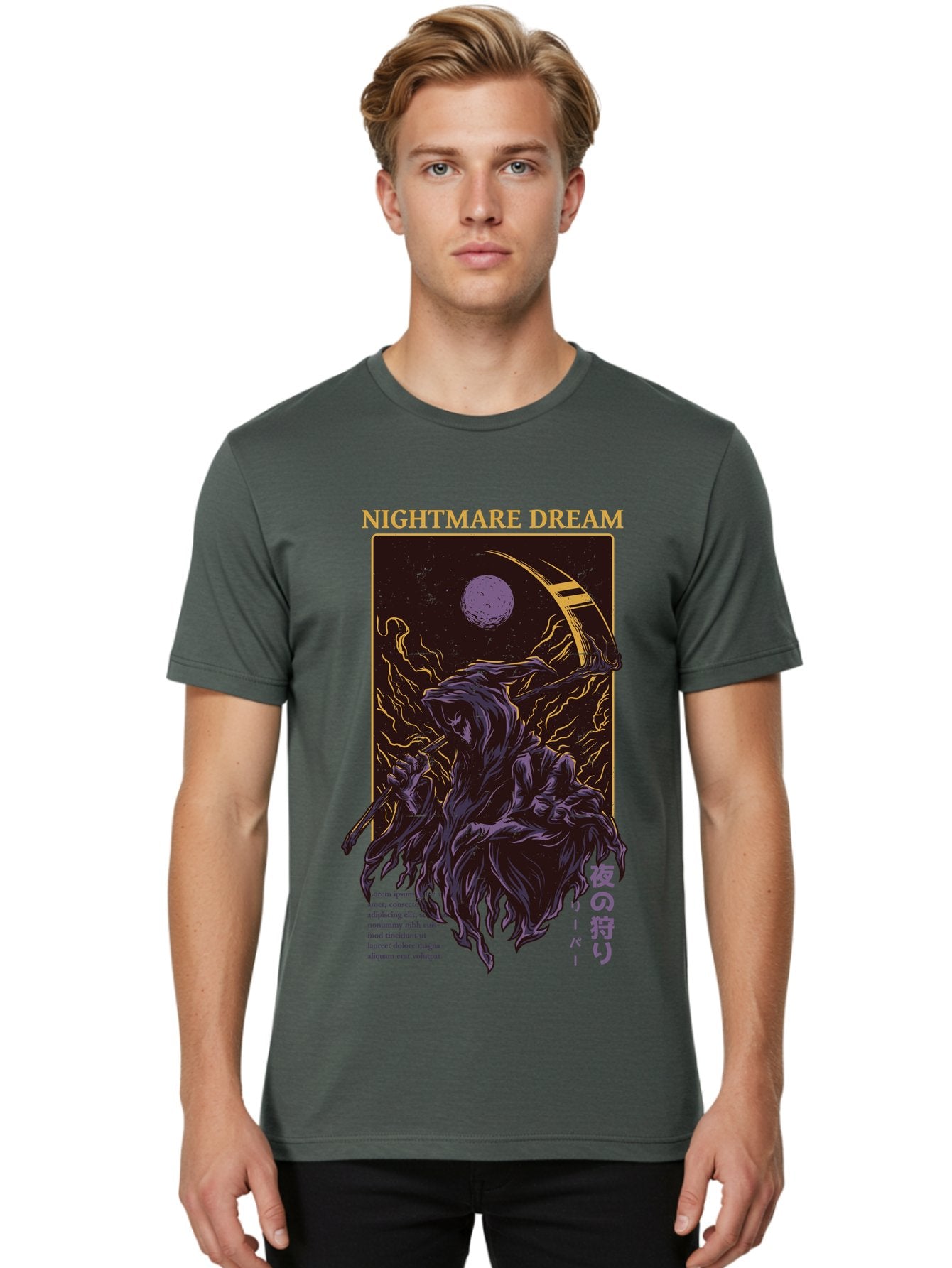 Nightmare Dream Men'S Graphic Tee, 100% Cotton, Comfortable Casual Summer Wear, Machine Washable, Grim Reaper Illustration, Nightmares And Dreams, Dark Fantasy, Purple And Gold, Mystical Night, Reaper With Scythe, Horror Elements, Aae534 27