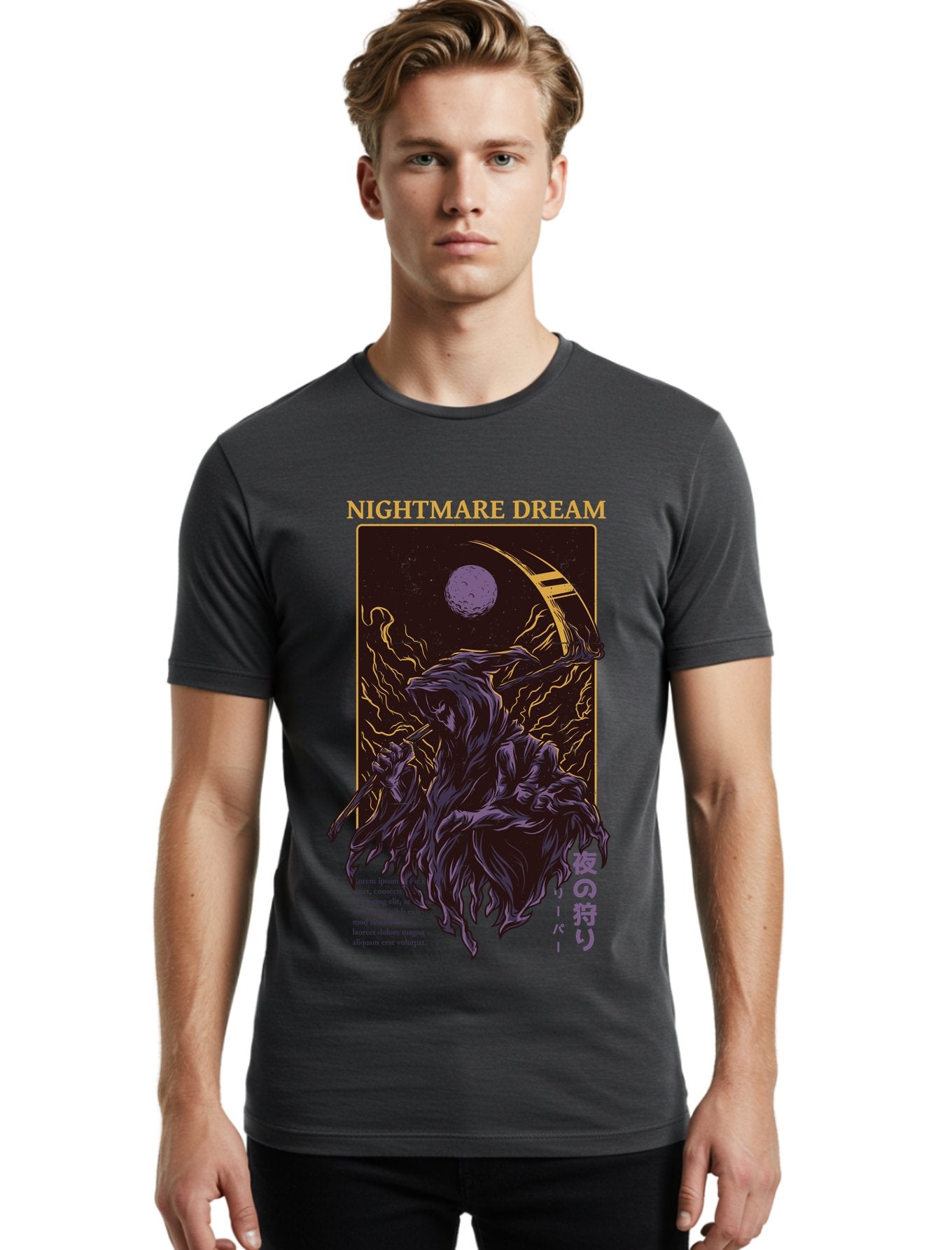 Nightmare Dream Men'S Graphic Tee, 100% Cotton, Comfortable Casual Summer Wear, Machine Washable, Grim Reaper Illustration, Nightmares And Dreams, Dark Fantasy, Purple And Gold, Mystical Night, Reaper With Scythe, Horror Elements, Aae534 26