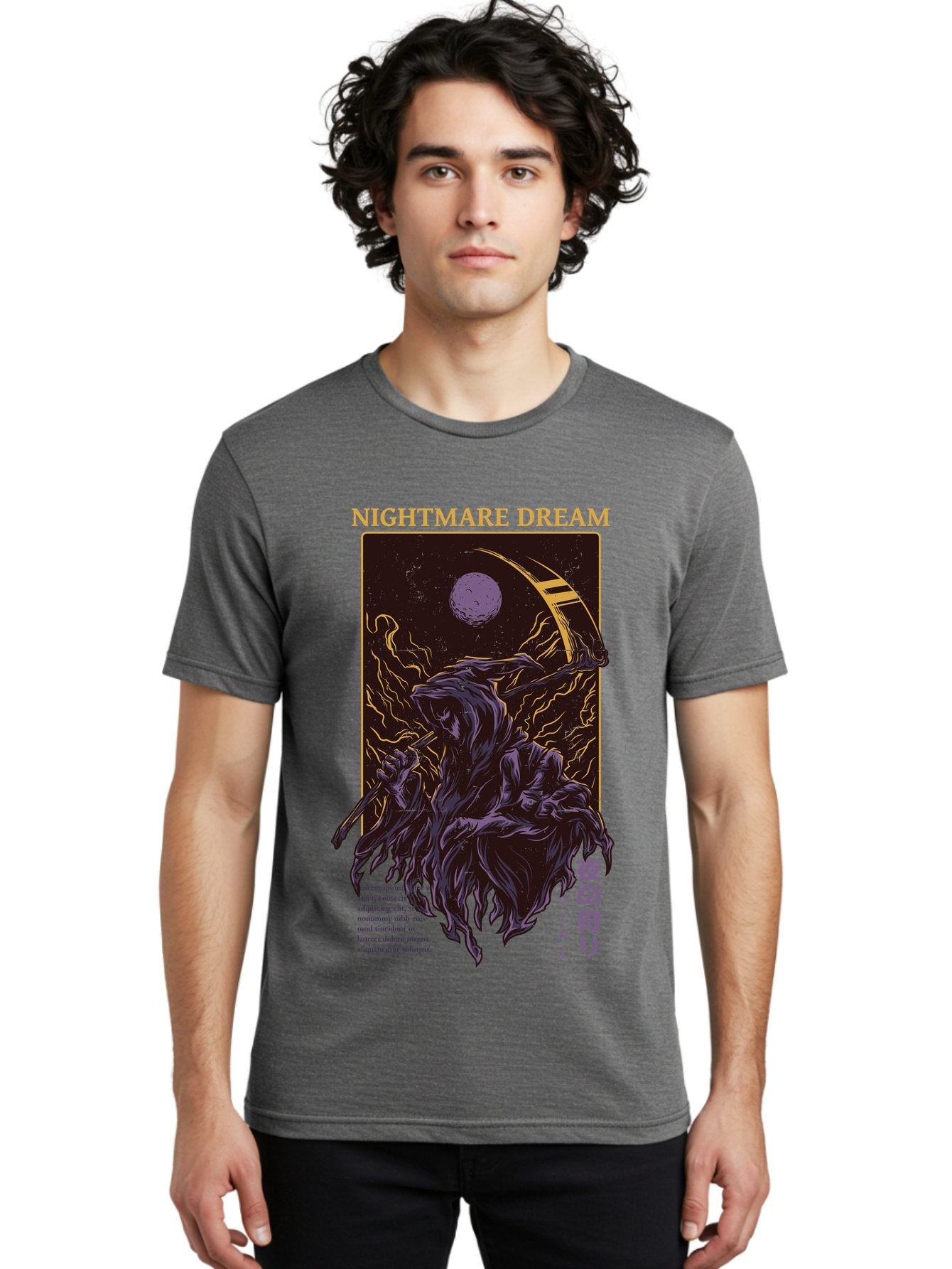 Nightmare Dream Men'S Graphic Tee, 100% Cotton, Comfortable Casual Summer Wear, Machine Washable, Grim Reaper Illustration, Nightmares And Dreams, Dark Fantasy, Purple And Gold, Mystical Night, Reaper With Scythe, Horror Elements, Aae534 23