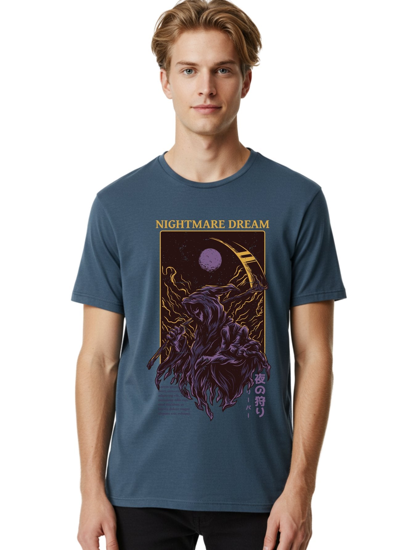 Nightmare Dream Men'S Graphic Tee, 100% Cotton, Comfortable Casual Summer Wear, Machine Washable, Grim Reaper Illustration, Nightmares And Dreams, Dark Fantasy, Purple And Gold, Mystical Night, Reaper With Scythe, Horror Elements, Aae534 21