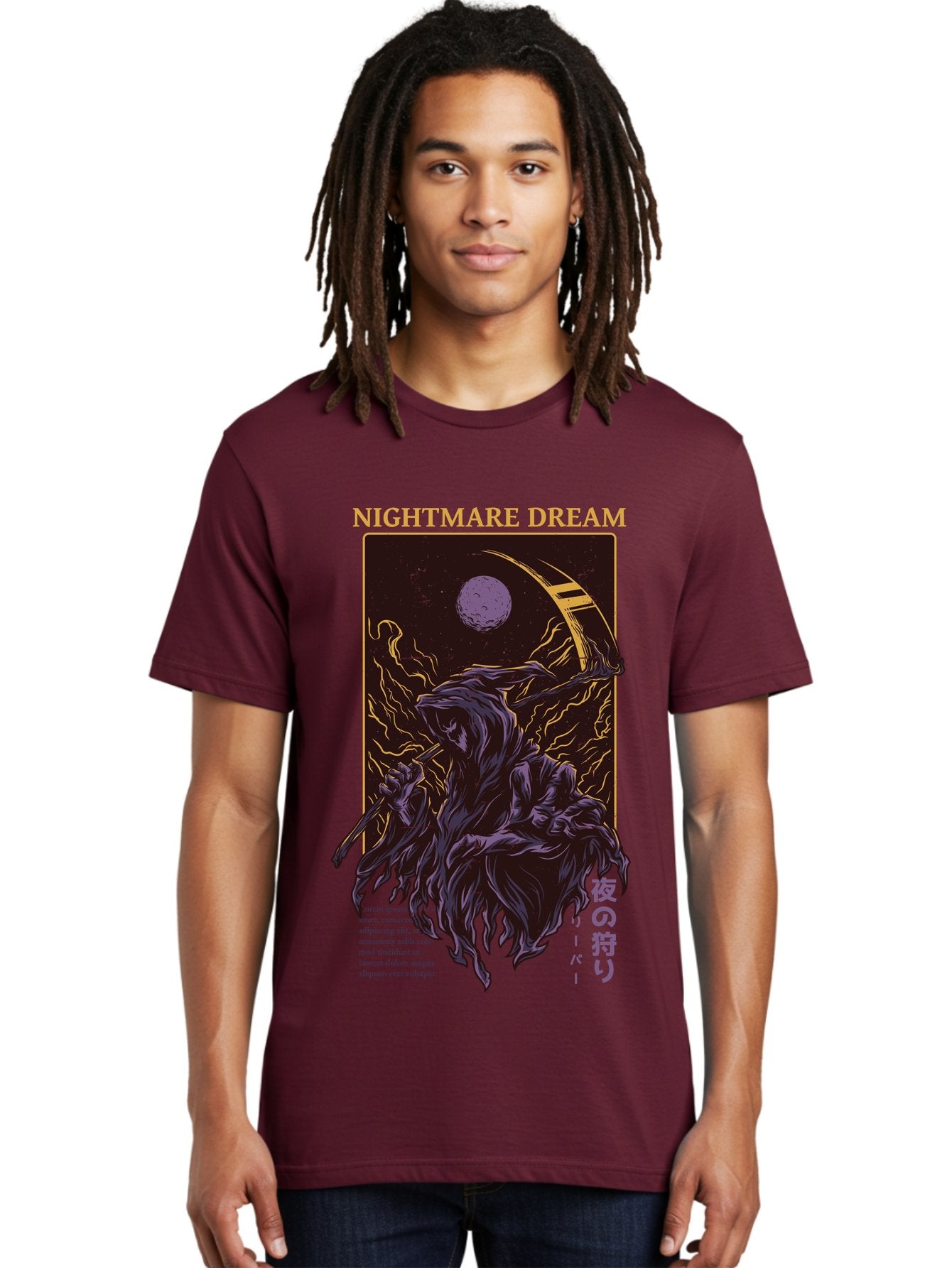 Nightmare Dream Men'S Graphic Tee, 100% Cotton, Comfortable Casual Summer Wear, Machine Washable, Grim Reaper Illustration, Nightmares And Dreams, Dark Fantasy, Purple And Gold, Mystical Night, Reaper With Scythe, Horror Elements, Aae534 30