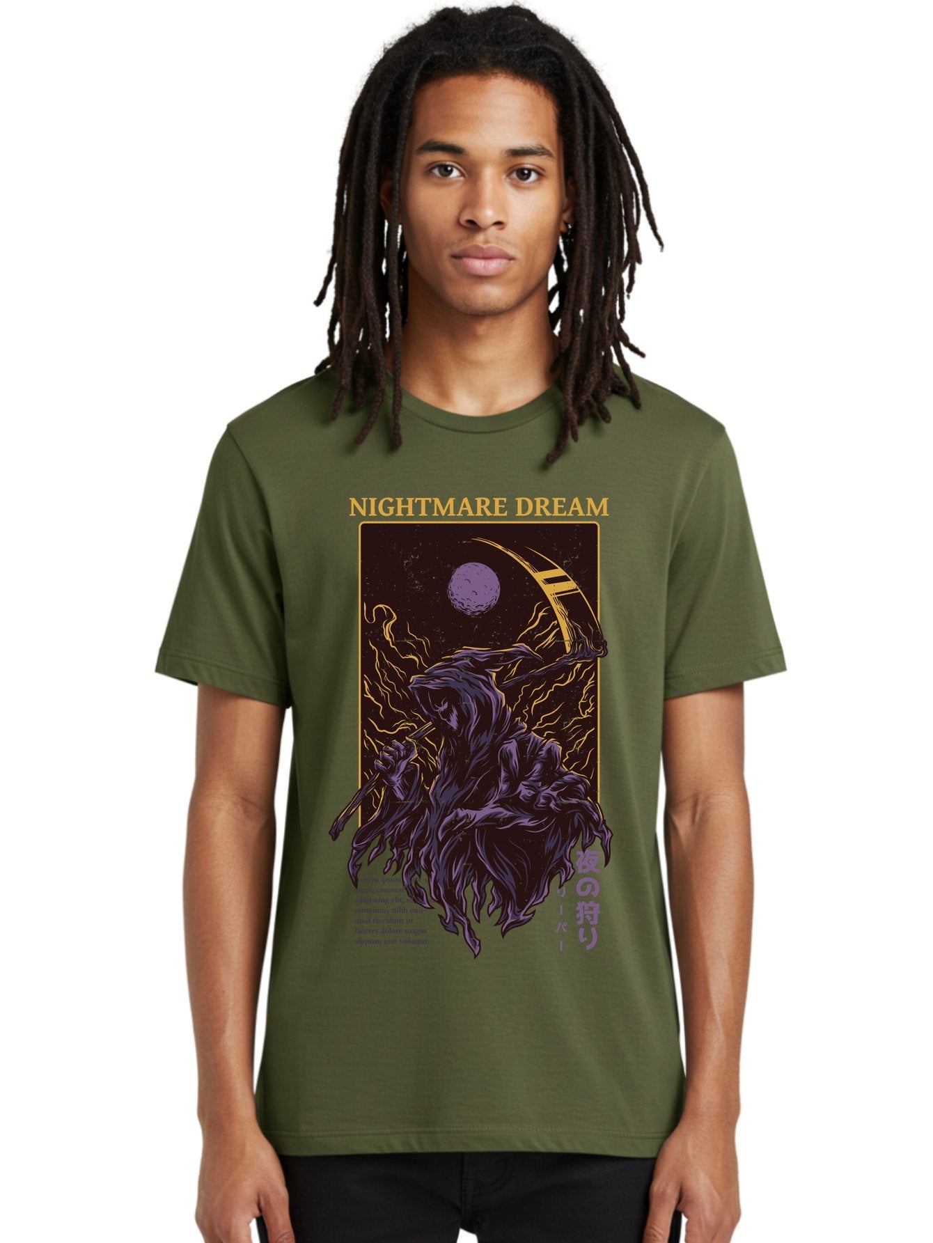 Nightmare Dream Men'S Graphic Tee, 100% Cotton, Comfortable Casual Summer Wear, Machine Washable, Grim Reaper Illustration, Nightmares And Dreams, Dark Fantasy, Purple And Gold, Mystical Night, Reaper With Scythe, Horror Elements, Aae534 29