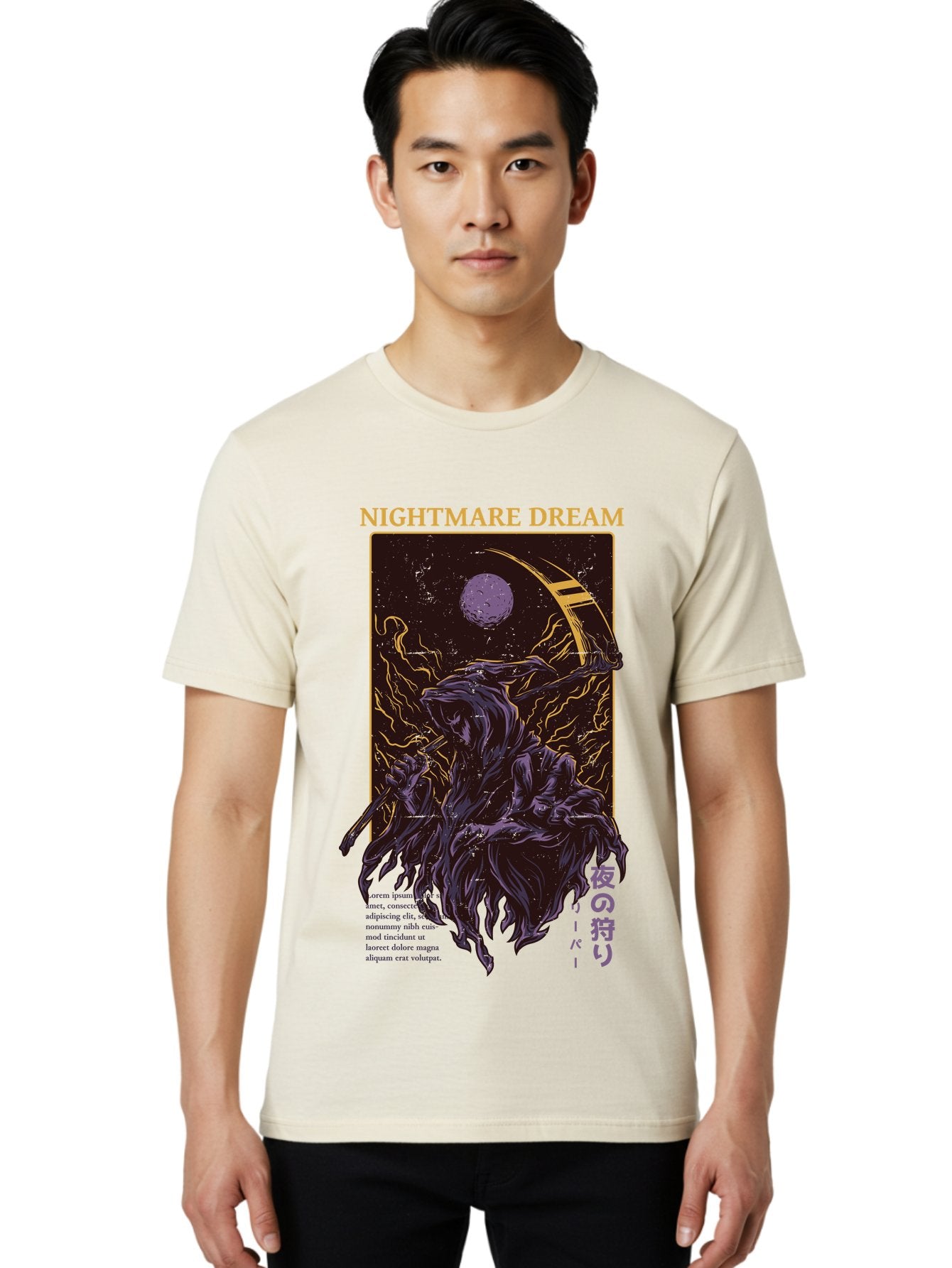Nightmare Dream Men'S Graphic Tee, 100% Cotton, Comfortable Casual Summer Wear, Machine Washable, Grim Reaper Illustration, Nightmares And Dreams, Dark Fantasy, Purple And Gold, Mystical Night, Reaper With Scythe, Horror Elements, Aae534 25