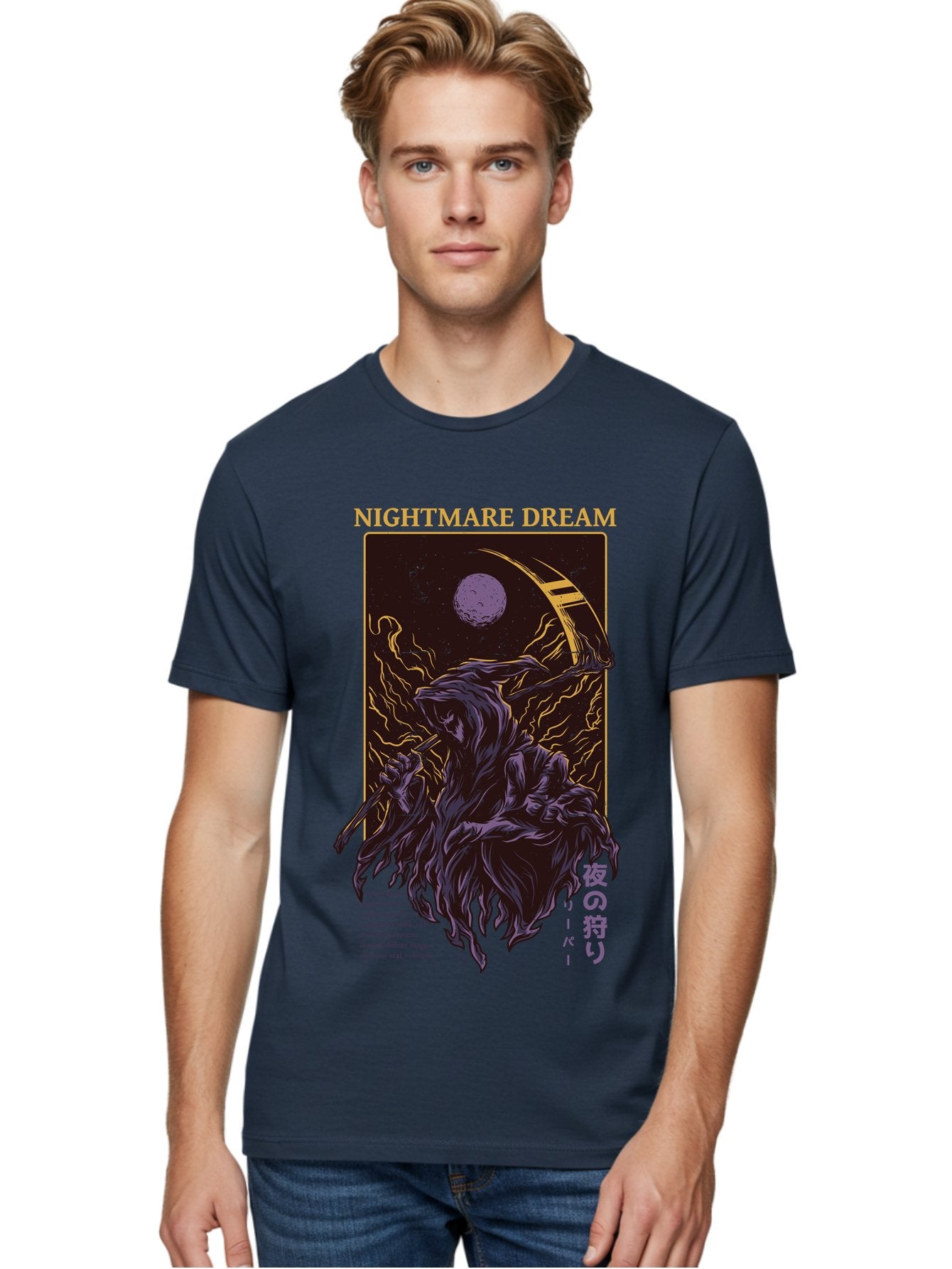 Nightmare Dream Men'S Graphic Tee, 100% Cotton, Comfortable Casual Summer Wear, Machine Washable, Grim Reaper Illustration, Nightmares And Dreams, Dark Fantasy, Purple And Gold, Mystical Night, Reaper With Scythe, Horror Elements, Aae534 17
