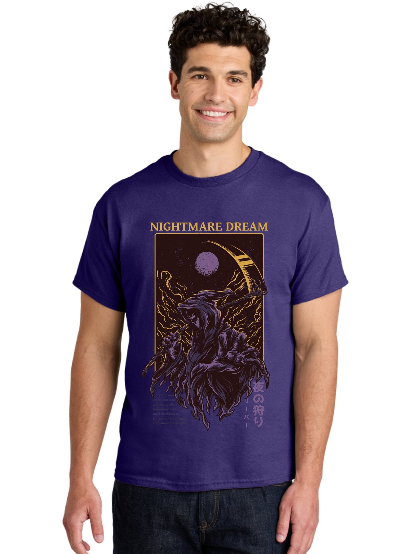 Nightmare Dream Men'S Graphic Tee, 100% Cotton, Comfortable Casual Summer Wear, Machine Washable, Grim Reaper Illustration, Nightmares And Dreams, Dark Fantasy, Purple And Gold, Mystical Night, Reaper With Scythe, Horror Elements, Aae534 19