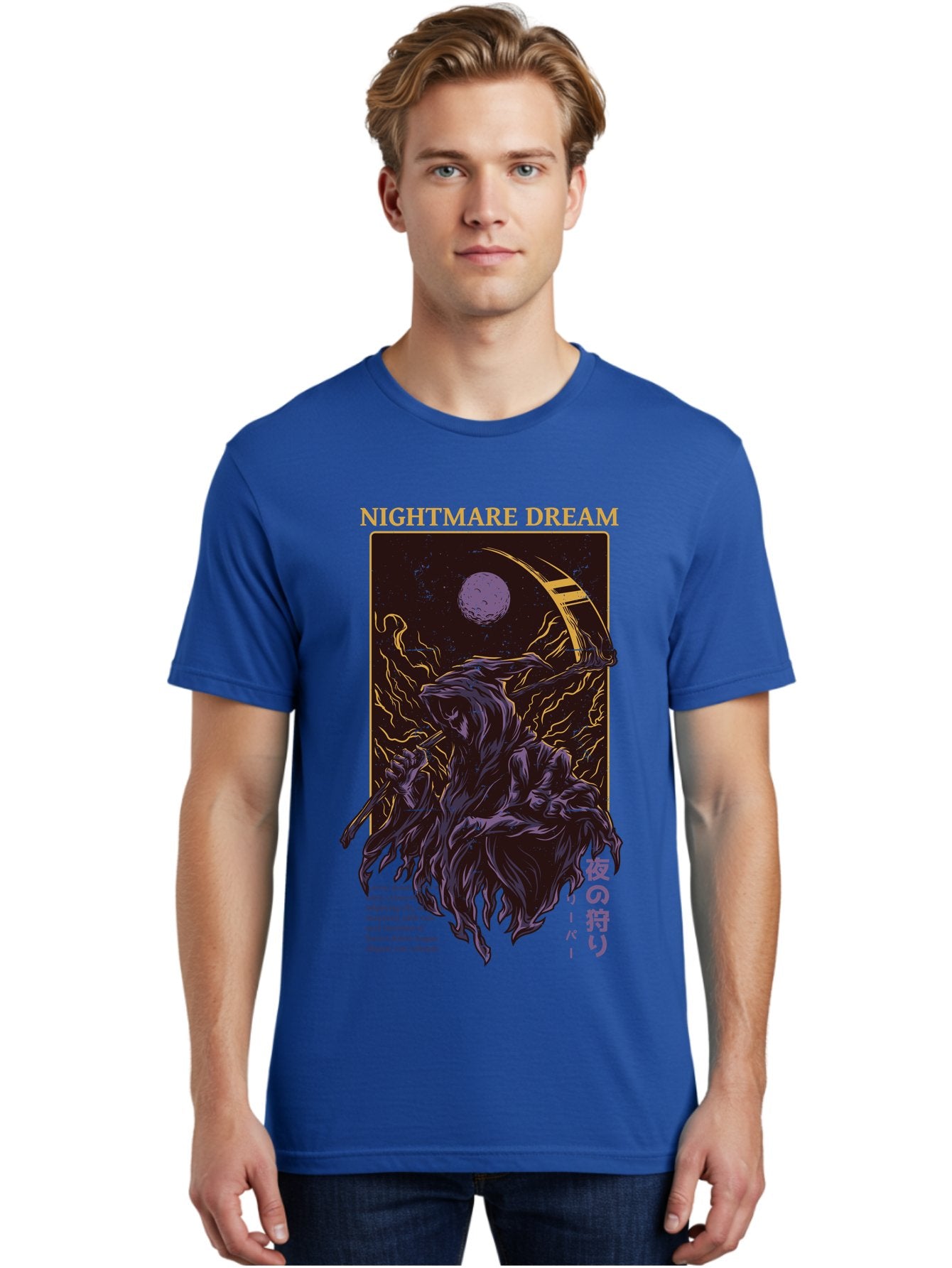 Nightmare Dream Men'S Graphic Tee, 100% Cotton, Comfortable Casual Summer Wear, Machine Washable, Grim Reaper Illustration, Nightmares And Dreams, Dark Fantasy, Purple And Gold, Mystical Night, Reaper With Scythe, Horror Elements, Aae534 28