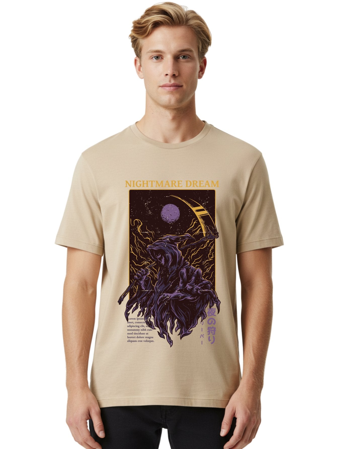 Nightmare Dream Men'S Graphic Tee, 100% Cotton, Comfortable Casual Summer Wear, Machine Washable, Grim Reaper Illustration, Nightmares And Dreams, Dark Fantasy, Purple And Gold, Mystical Night, Reaper With Scythe, Horror Elements, Aae534 20