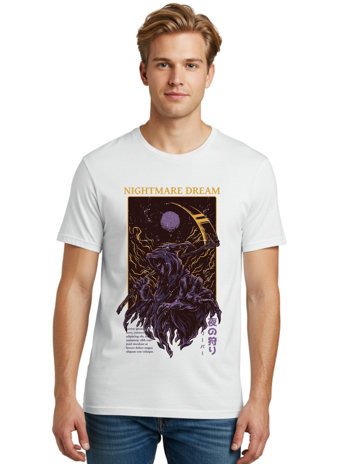 Nightmare Dream Men'S Graphic Tee, 100% Cotton, Comfortable Casual Summer Wear, Machine Washable, Grim Reaper Illustration, Nightmares And Dreams, Dark Fantasy, Purple And Gold, Mystical Night, Reaper With Scythe, Horror Elements, Aae534 22