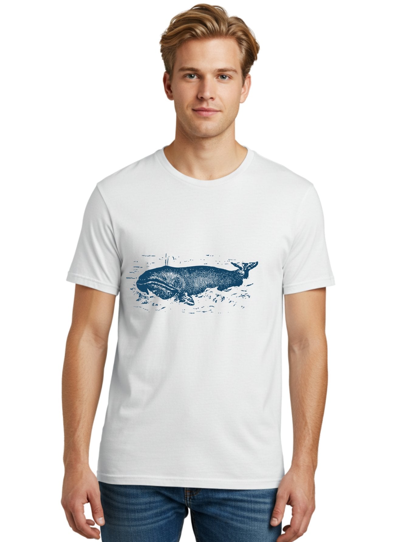 Ocean Soul Men'S Graphic Tee, 100% Cotton, Comfortable Casual Summer Wear, Machine Washable, Whale In Water, Marine Life, Ocean Creature, Aquatic Mammal, Large Sea Animal, Wildlife Illustration, Monochrome Art Aae548 23