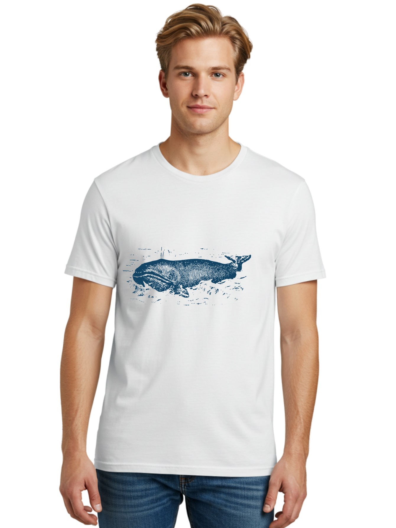 Ocean Soul Men'S Graphic Tee, 100% Cotton, Comfortable Casual Summer Wear, Machine Washable, Whale In Water, Marine Life, Ocean Creature, Aquatic Mammal, Large Sea Animal, Wildlife Illustration, Monochrome Art Aae548 24