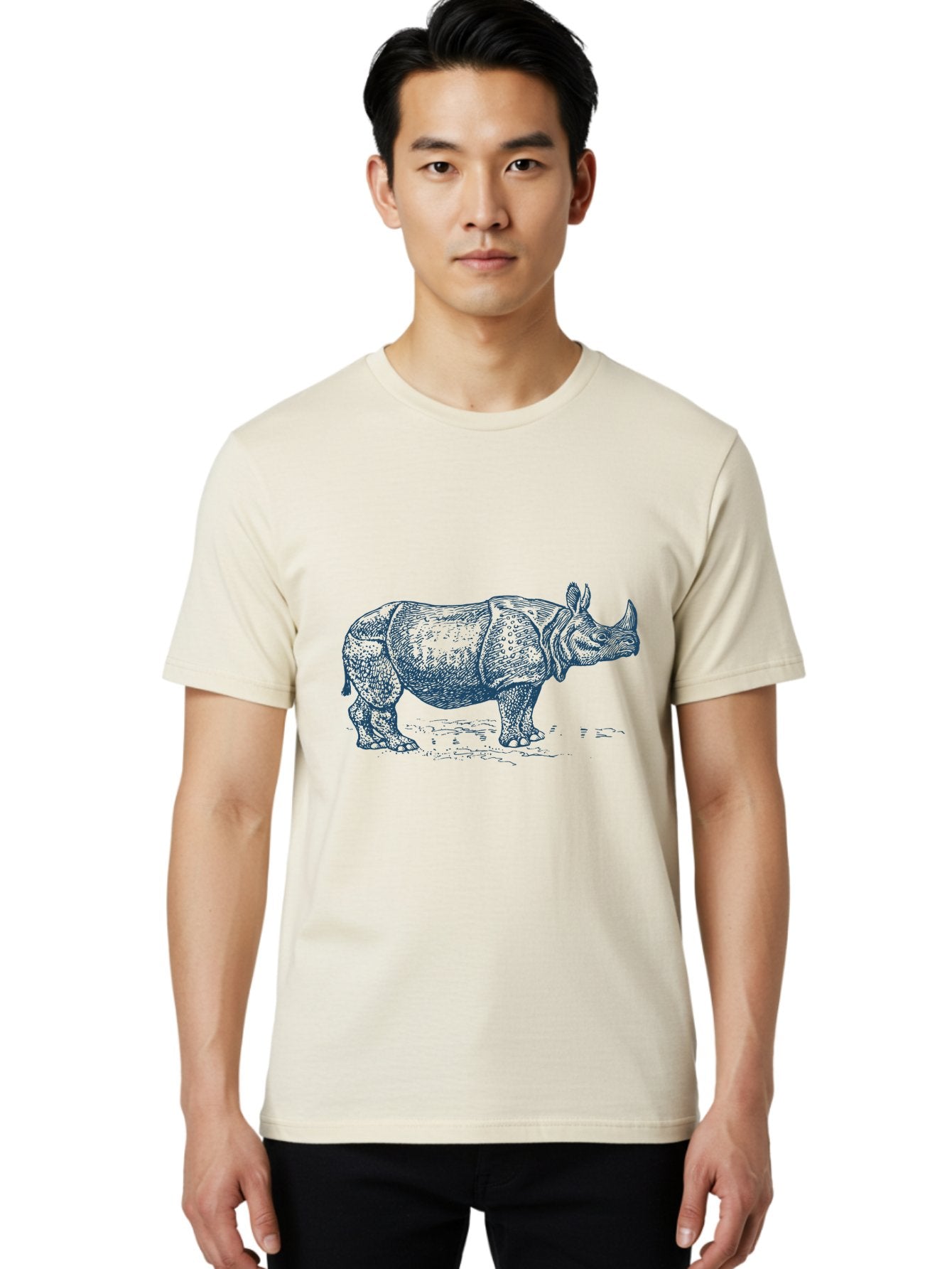 Old School Rhino Art Men'S Graphic Tee, 100% Cotton, Comfortable Casual Summer Wear, Machine Washable, Rhinoceros Illustration, Wildlife Art, Animal Portrait, Detailed Drawing, Horned Creature, Sketch Style, Exotic Animal, Wild Nature Aae555 27