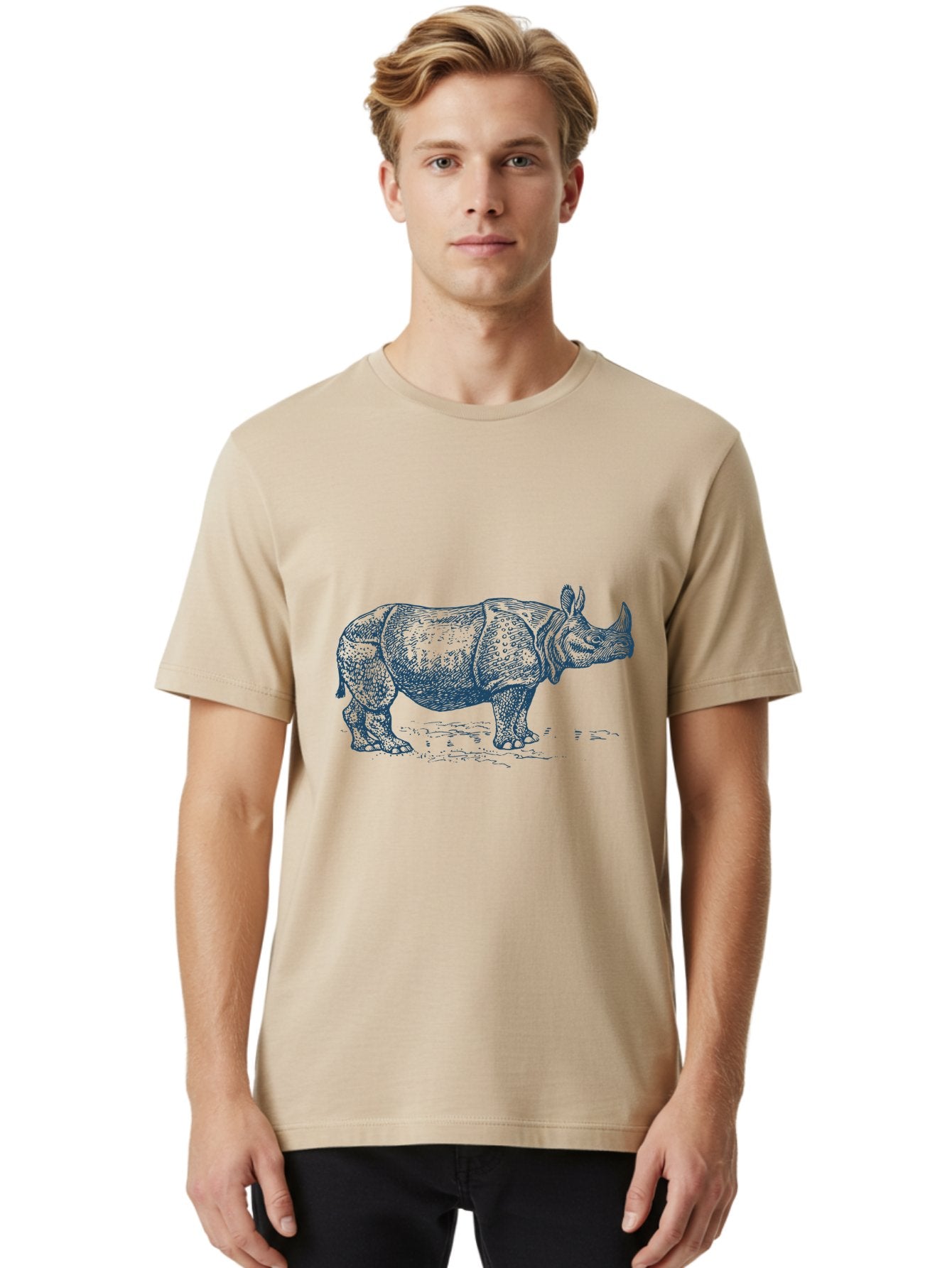 Old School Rhino Art Men'S Graphic Tee, 100% Cotton, Comfortable Casual Summer Wear, Machine Washable, Rhinoceros Illustration, Wildlife Art, Animal Portrait, Detailed Drawing, Horned Creature, Sketch Style, Exotic Animal, Wild Nature Aae555 18