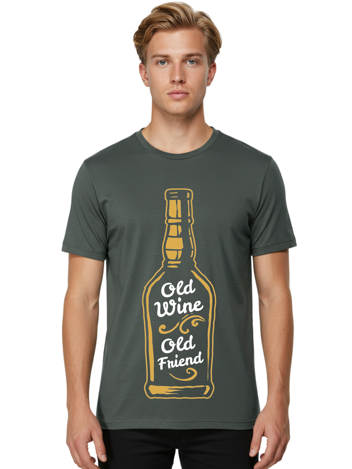 Old Wine Old Friend Men'S Graphic Tee, 100% Cotton, Comfortable Casual Summer Wear, Machine Washable, Wine Bottle Graphic, Old Wine Old Friend, Friendship Quote, Wine Lover Gift, Vintage Style Illustration, Wine Appreciation, Wine Bottle Art Aae557 14