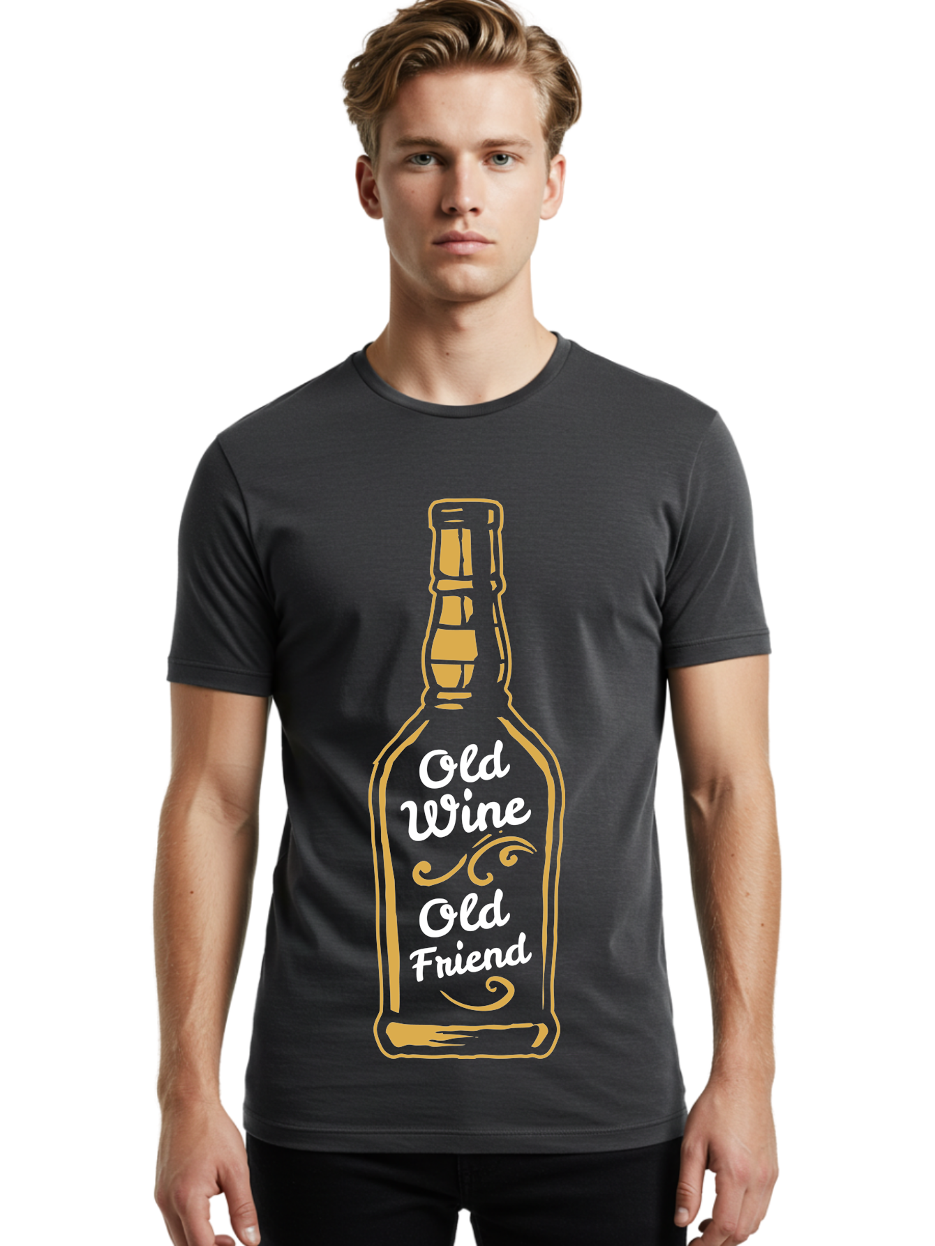 Old Wine Old Friend Men'S Graphic Tee, 100% Cotton, Comfortable Casual Summer Wear, Machine Washable, Wine Bottle Graphic, Old Wine Old Friend, Friendship Quote, Wine Lover Gift, Vintage Style Illustration, Wine Appreciation, Wine Bottle Art Aae557 16