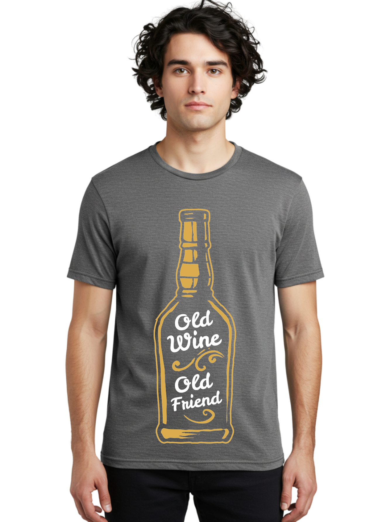 Old Wine Old Friend Men'S Graphic Tee, 100% Cotton, Comfortable Casual Summer Wear, Machine Washable, Wine Bottle Graphic, Old Wine Old Friend, Friendship Quote, Wine Lover Gift, Vintage Style Illustration, Wine Appreciation, Wine Bottle Art Aae557 4
