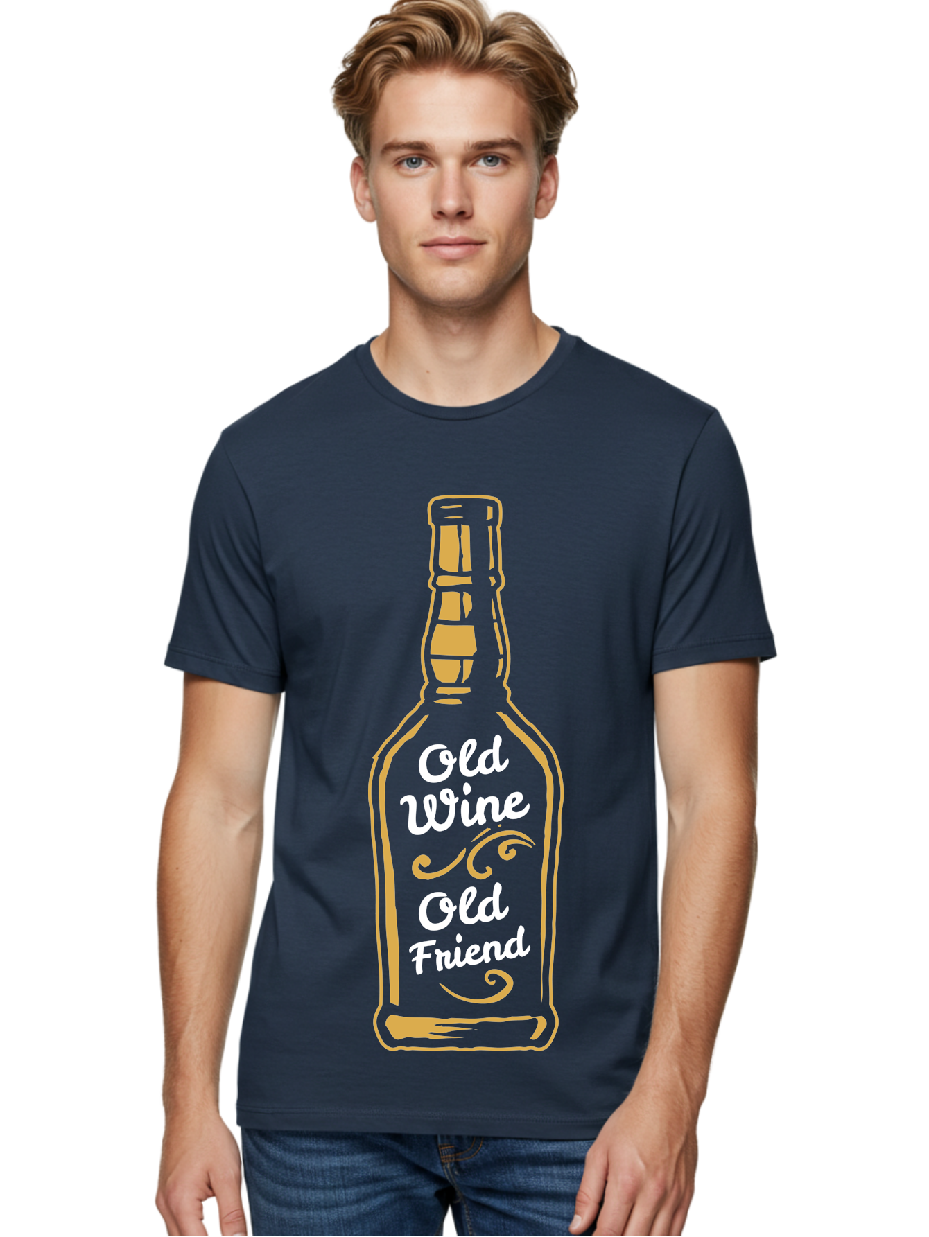 Old Wine Old Friend Men'S Graphic Tee, 100% Cotton, Comfortable Casual Summer Wear, Machine Washable, Wine Bottle Graphic, Old Wine Old Friend, Friendship Quote, Wine Lover Gift, Vintage Style Illustration, Wine Appreciation, Wine Bottle Art Aae557 24