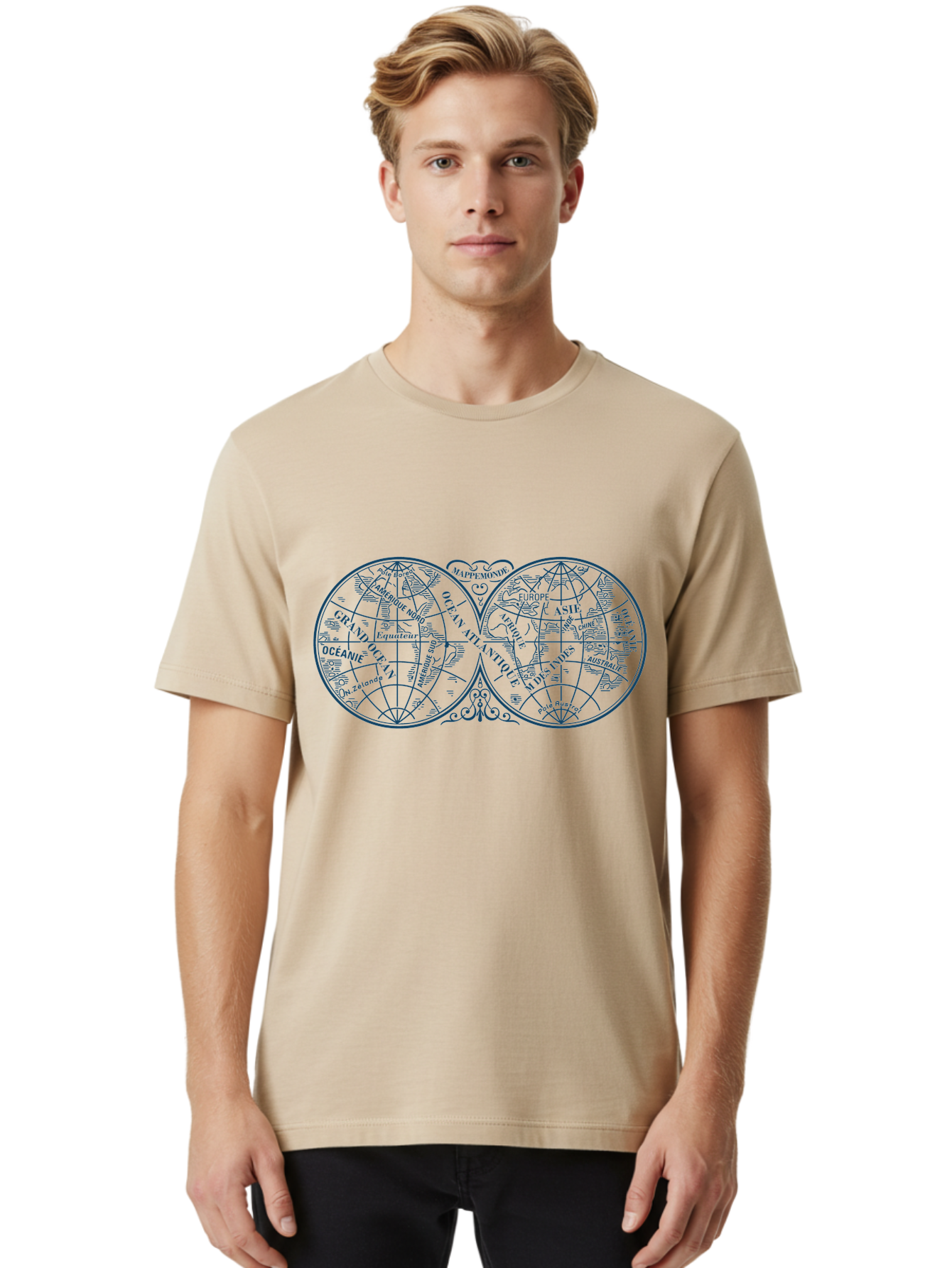 Old World Map Men'S Graphic Tee, 100% Cotton, Comfortable Casual Summer Wear, Machine Washable, Vintage Map, Double Hemisphere, World Map, Geography, Navigation, Exploration, Antique Cartography, Historical Illustration, Classical Design, Aae561