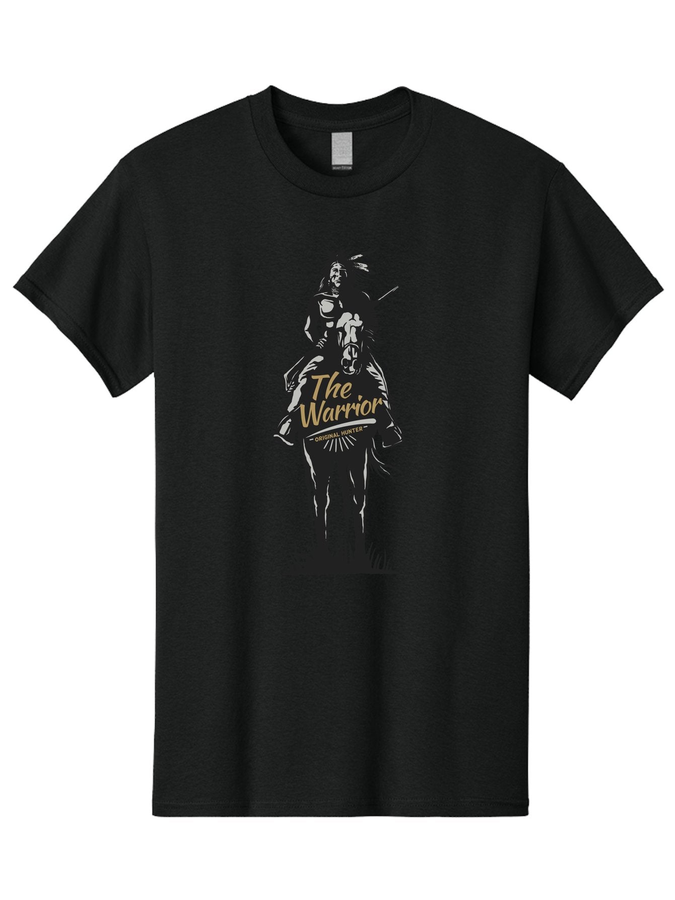 Original Hunter Men'S Graphic Tee, 100% Cotton, Comfortable Casual Summer Wear, Machine Washable, Native American Warrior On Horseback, Original Whiskey, Black And Gold Illustration, Tribal Pride, Cultural Heritage, Whiskey Branding Aae568 4
