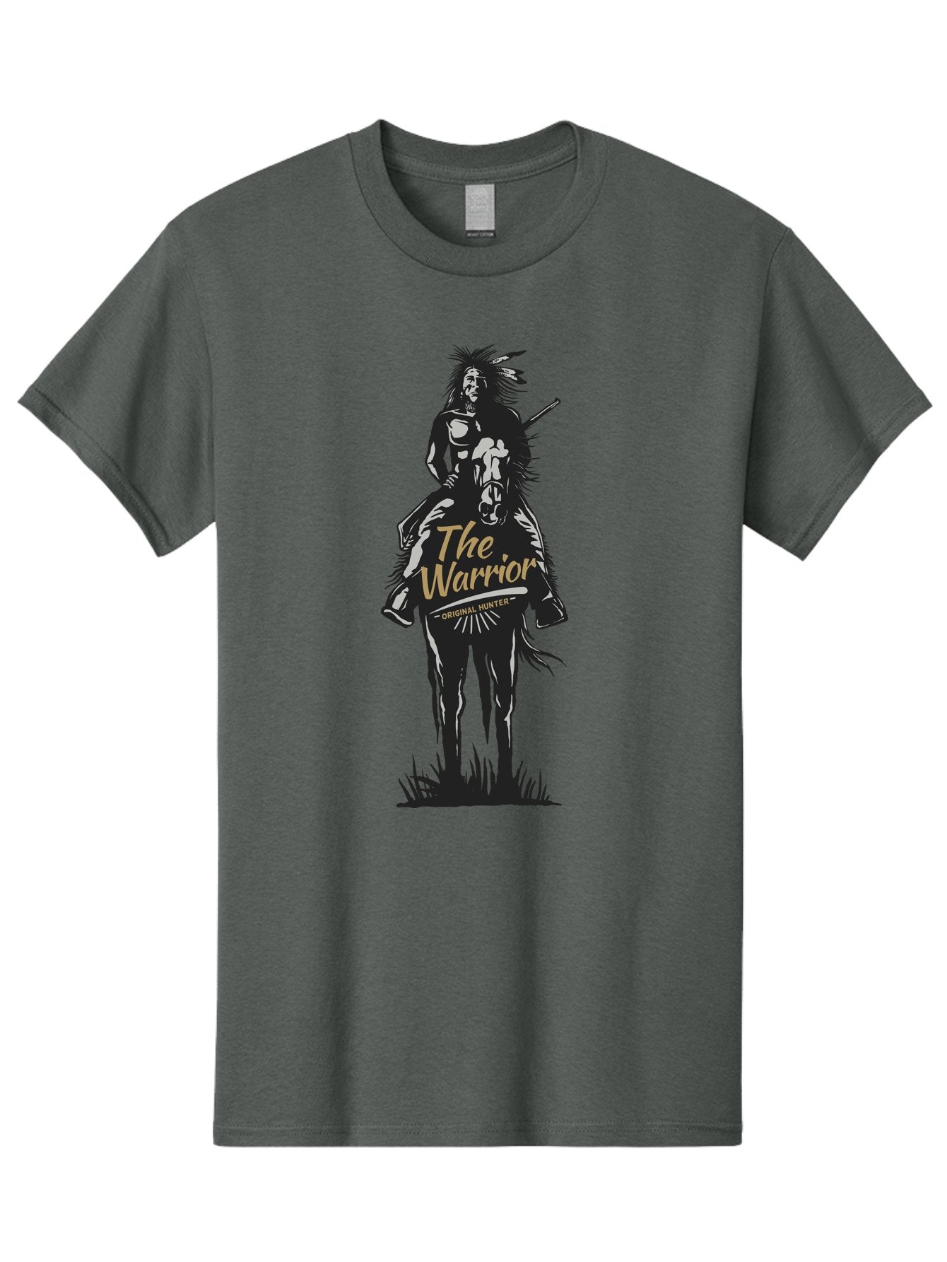 Original Hunter Men'S Graphic Tee, 100% Cotton, Comfortable Casual Summer Wear, Machine Washable, Native American Warrior On Horseback, Original Whiskey, Black And Gold Illustration, Tribal Pride, Cultural Heritage, Whiskey Branding Aae568 10