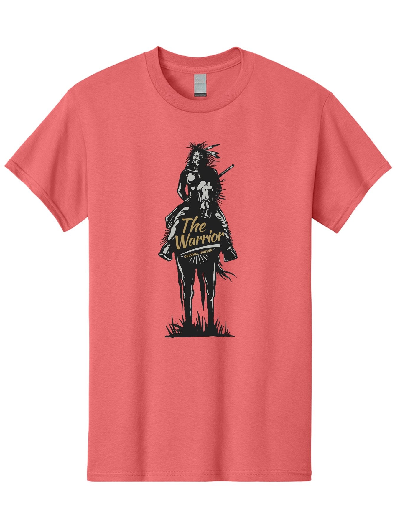 Original Hunter Men'S Graphic Tee, 100% Cotton, Comfortable Casual Summer Wear, Machine Washable, Native American Warrior On Horseback, Original Whiskey, Black And Gold Illustration, Tribal Pride, Cultural Heritage, Whiskey Branding Aae568