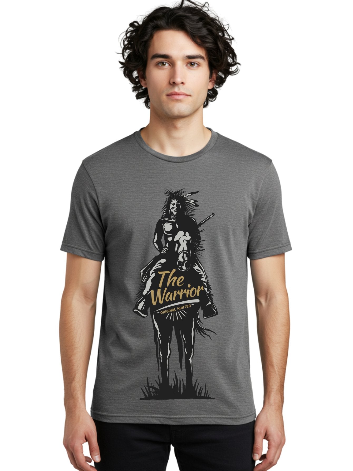 Original Hunter Men'S Graphic Tee, 100% Cotton, Comfortable Casual Summer Wear, Machine Washable, Native American Warrior On Horseback, Original Whiskey, Black And Gold Illustration, Tribal Pride, Cultural Heritage, Whiskey Branding Aae568 22