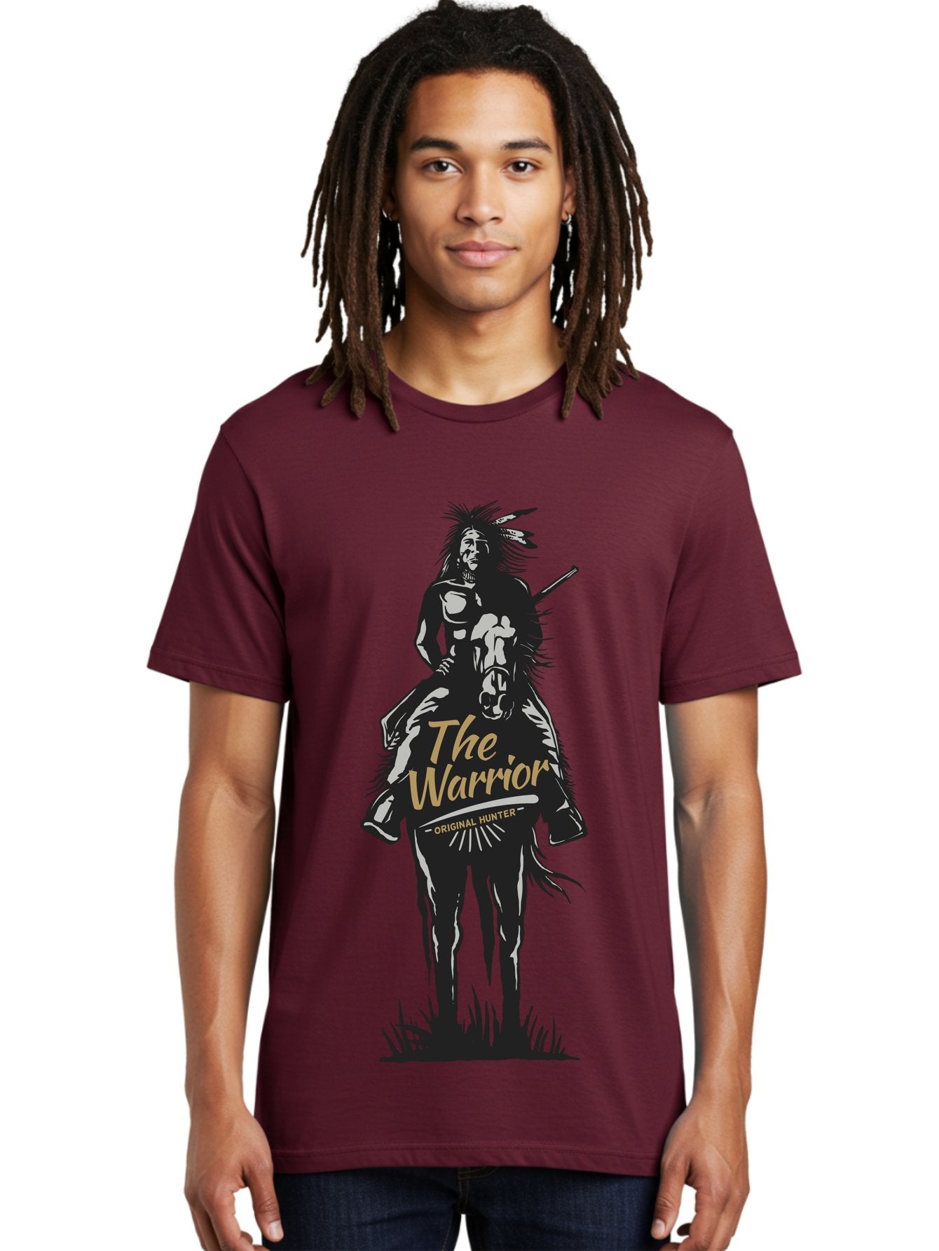 Original Hunter Men'S Graphic Tee, 100% Cotton, Comfortable Casual Summer Wear, Machine Washable, Native American Warrior On Horseback, Original Whiskey, Black And Gold Illustration, Tribal Pride, Cultural Heritage, Whiskey Branding Aae568 24