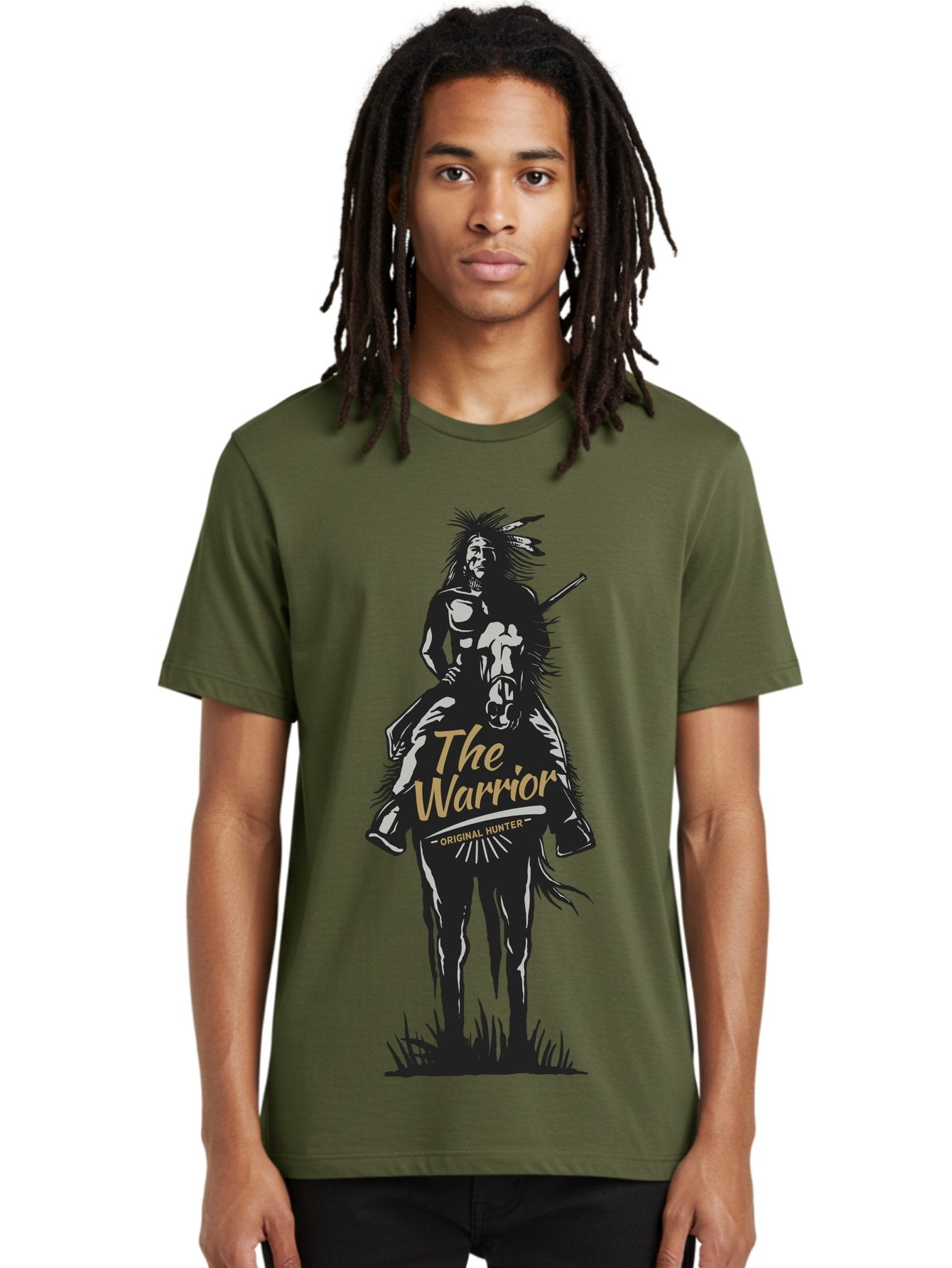 Original Hunter Men'S Graphic Tee, 100% Cotton, Comfortable Casual Summer Wear, Machine Washable, Native American Warrior On Horseback, Original Whiskey, Black And Gold Illustration, Tribal Pride, Cultural Heritage, Whiskey Branding Aae568 25