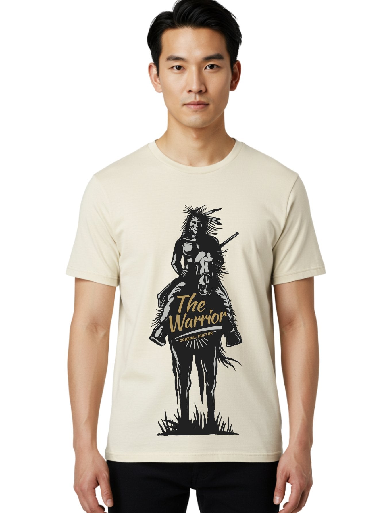 Original Hunter Men'S Graphic Tee, 100% Cotton, Comfortable Casual Summer Wear, Machine Washable, Native American Warrior On Horseback, Original Whiskey, Black And Gold Illustration, Tribal Pride, Cultural Heritage, Whiskey Branding Aae568 27