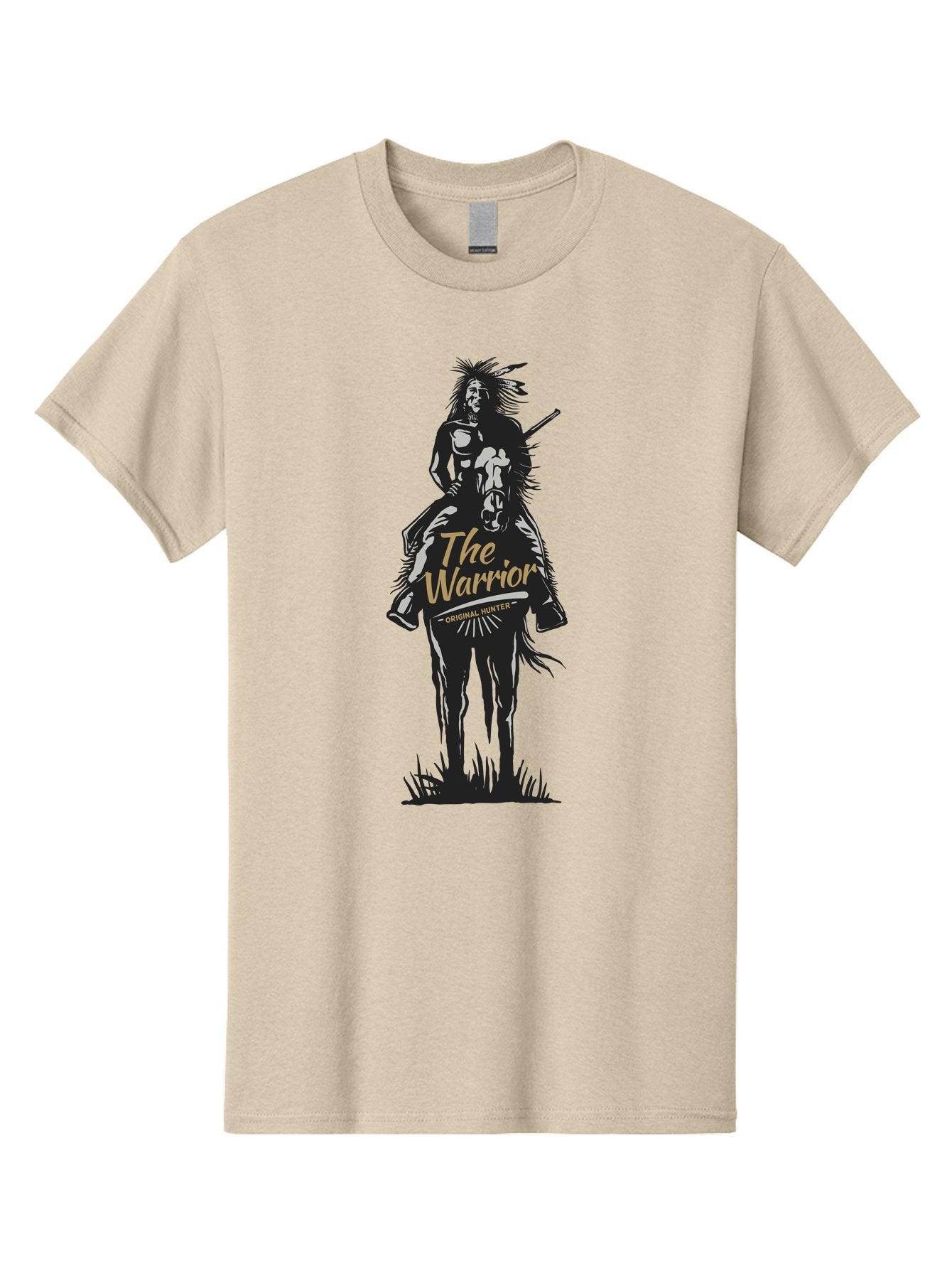 Original Hunter Men'S Graphic Tee, 100% Cotton, Comfortable Casual Summer Wear, Machine Washable, Native American Warrior On Horseback, Original Whiskey, Black And Gold Illustration, Tribal Pride, Cultural Heritage, Whiskey Branding Aae568 12