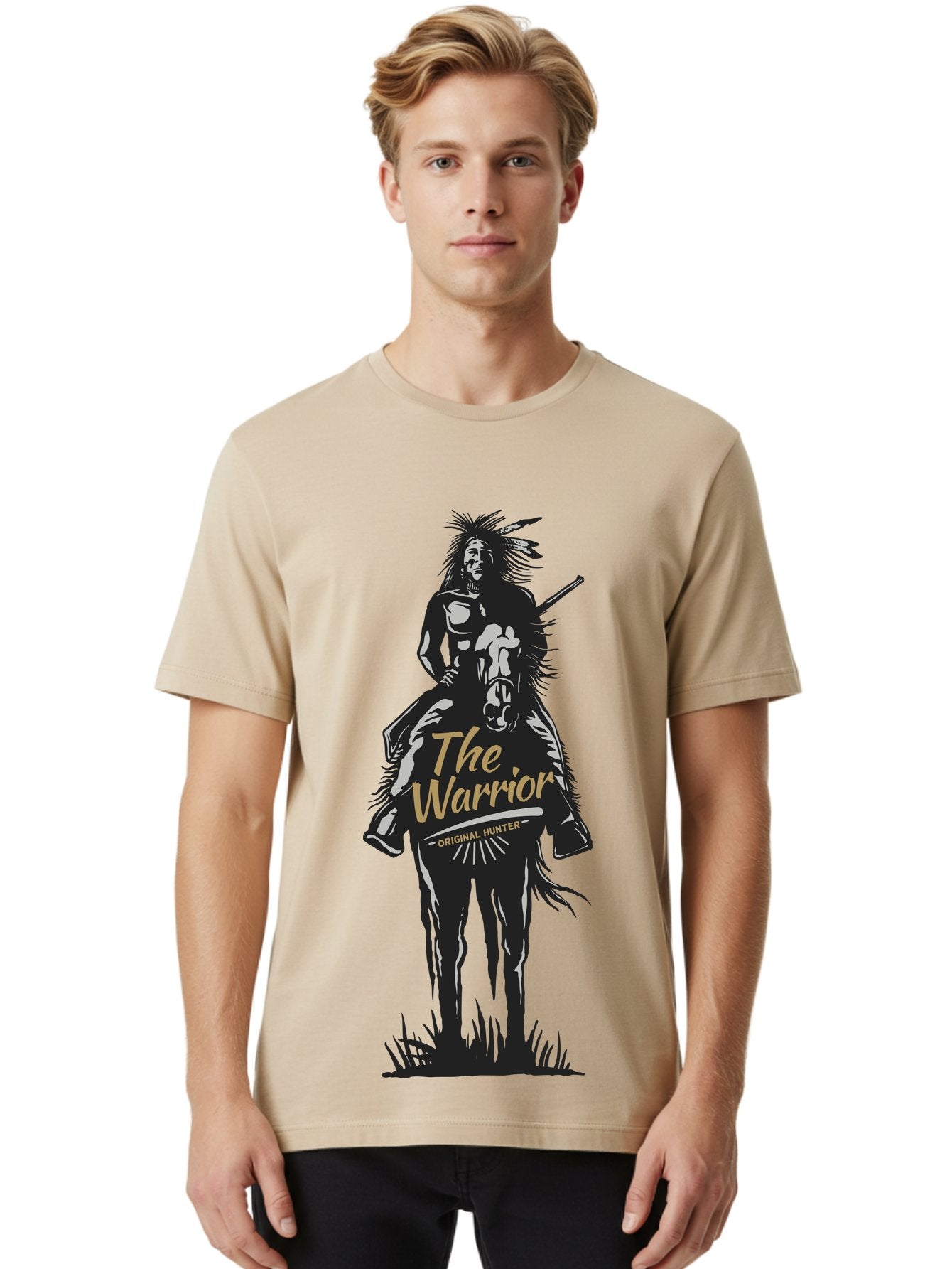 Original Hunter Men'S Graphic Tee, 100% Cotton, Comfortable Casual Summer Wear, Machine Washable, Native American Warrior On Horseback, Original Whiskey, Black And Gold Illustration, Tribal Pride, Cultural Heritage, Whiskey Branding Aae568 28