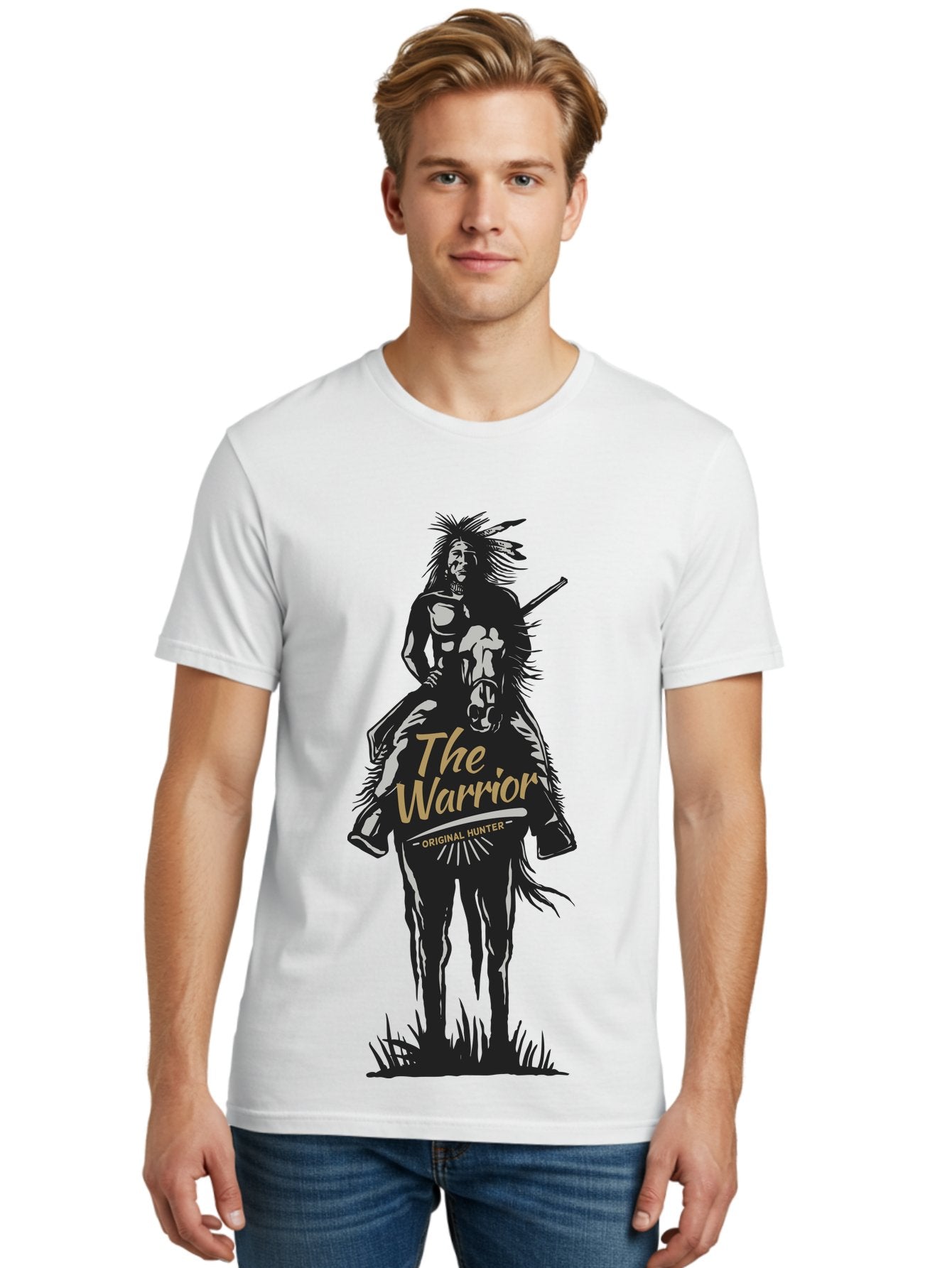 Original Hunter Men'S Graphic Tee, 100% Cotton, Comfortable Casual Summer Wear, Machine Washable, Native American Warrior On Horseback, Original Whiskey, Black And Gold Illustration, Tribal Pride, Cultural Heritage, Whiskey Branding Aae568 16