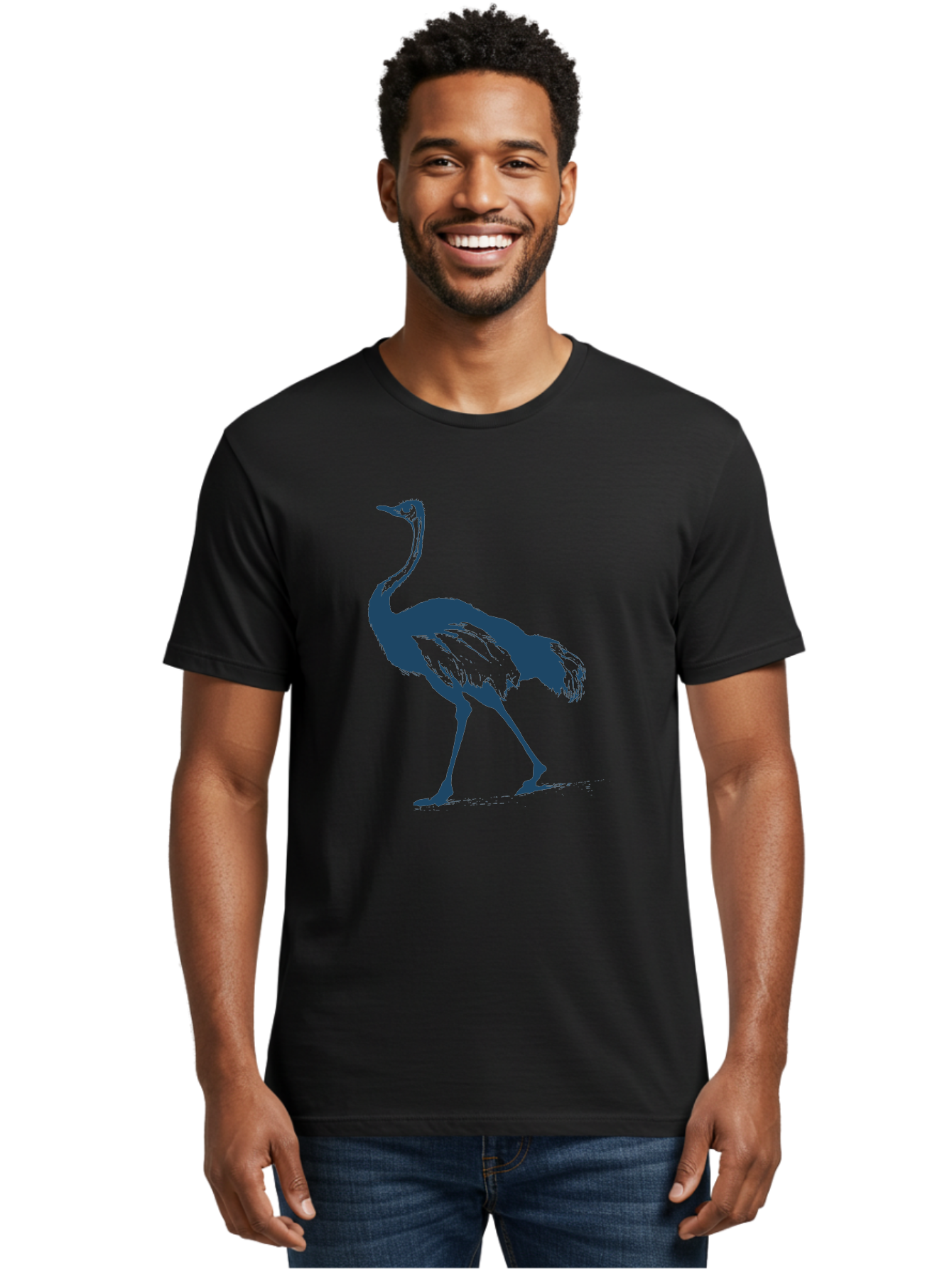 Ostrich Wildlife Men'S Graphic Tee, 100% Cotton, Comfortable Casual Summer Wear, Machine Washable, Ostrich Silhouette, Large Bird, Long Neck, Walking Pose, Dark Blue Illustration, Wildlife, Birdwatching, Nature Lover, Animal Art, Aae570 18