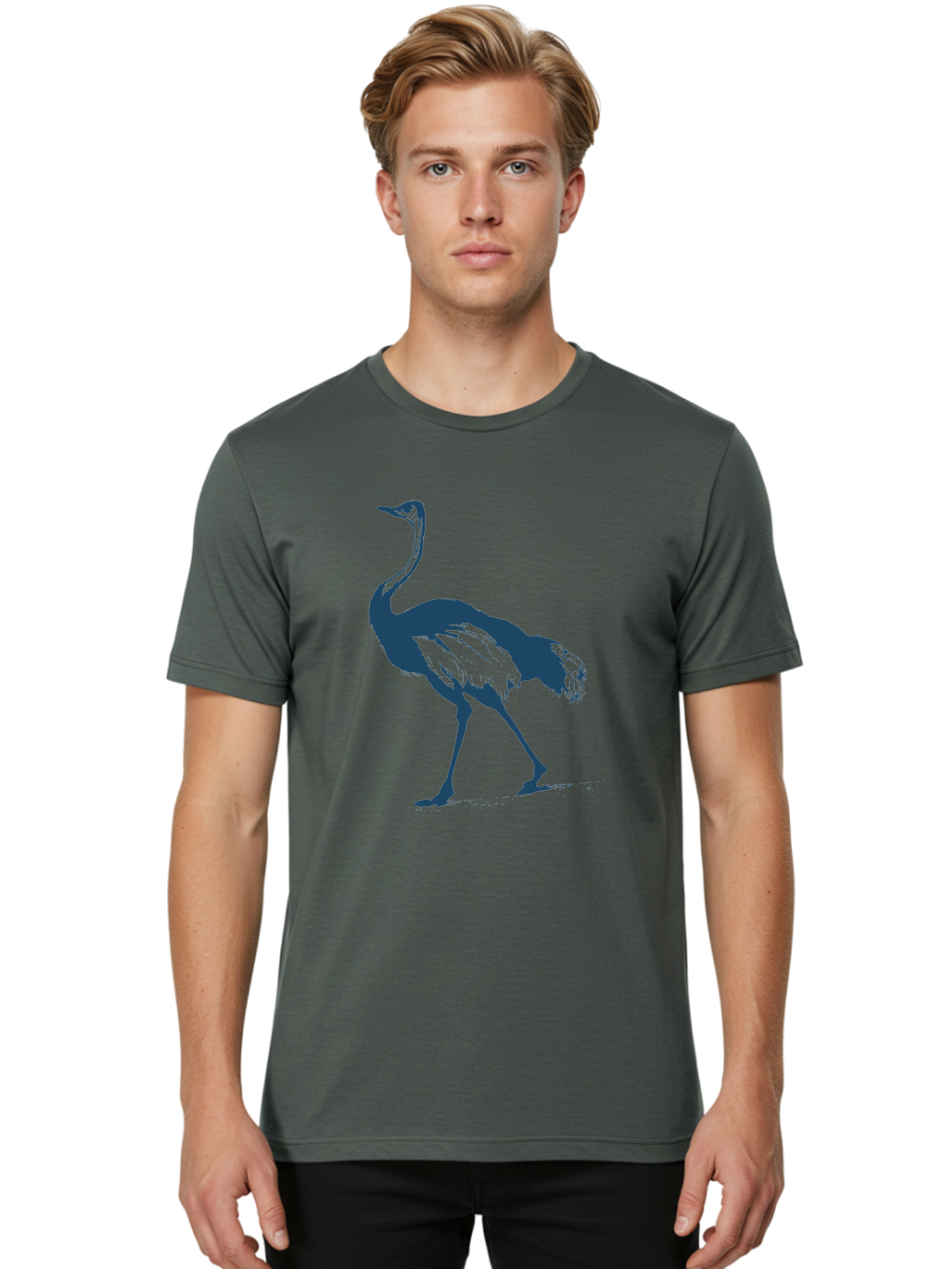 Ostrich Wildlife Men'S Graphic Tee, 100% Cotton, Comfortable Casual Summer Wear, Machine Washable, Ostrich Silhouette, Large Bird, Long Neck, Walking Pose, Dark Blue Illustration, Wildlife, Birdwatching, Nature Lover, Animal Art, Aae570 12