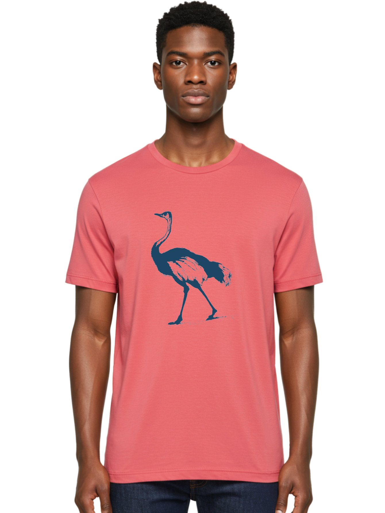 Ostrich Wildlife Men'S Graphic Tee, 100% Cotton, Comfortable Casual Summer Wear, Machine Washable, Ostrich Silhouette, Large Bird, Long Neck, Walking Pose, Dark Blue Illustration, Wildlife, Birdwatching, Nature Lover, Animal Art, Aae570 22