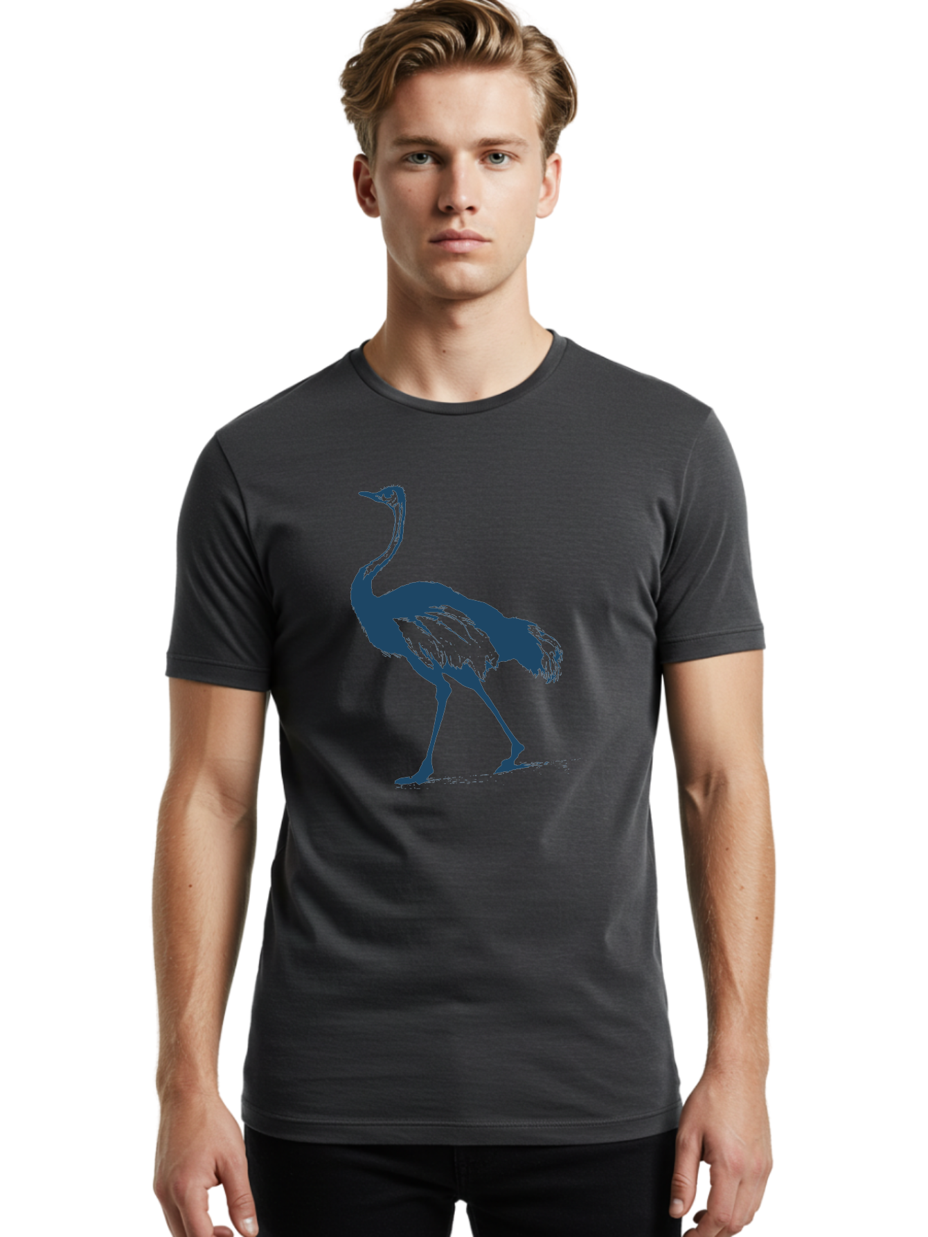 Ostrich Wildlife Men'S Graphic Tee, 100% Cotton, Comfortable Casual Summer Wear, Machine Washable, Ostrich Silhouette, Large Bird, Long Neck, Walking Pose, Dark Blue Illustration, Wildlife, Birdwatching, Nature Lover, Animal Art, Aae570 24