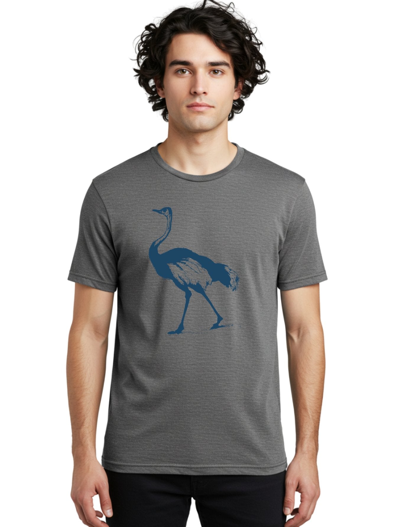Ostrich Wildlife Men'S Graphic Tee, 100% Cotton, Comfortable Casual Summer Wear, Machine Washable, Ostrich Silhouette, Large Bird, Long Neck, Walking Pose, Dark Blue Illustration, Wildlife, Birdwatching, Nature Lover, Animal Art, Aae570 17