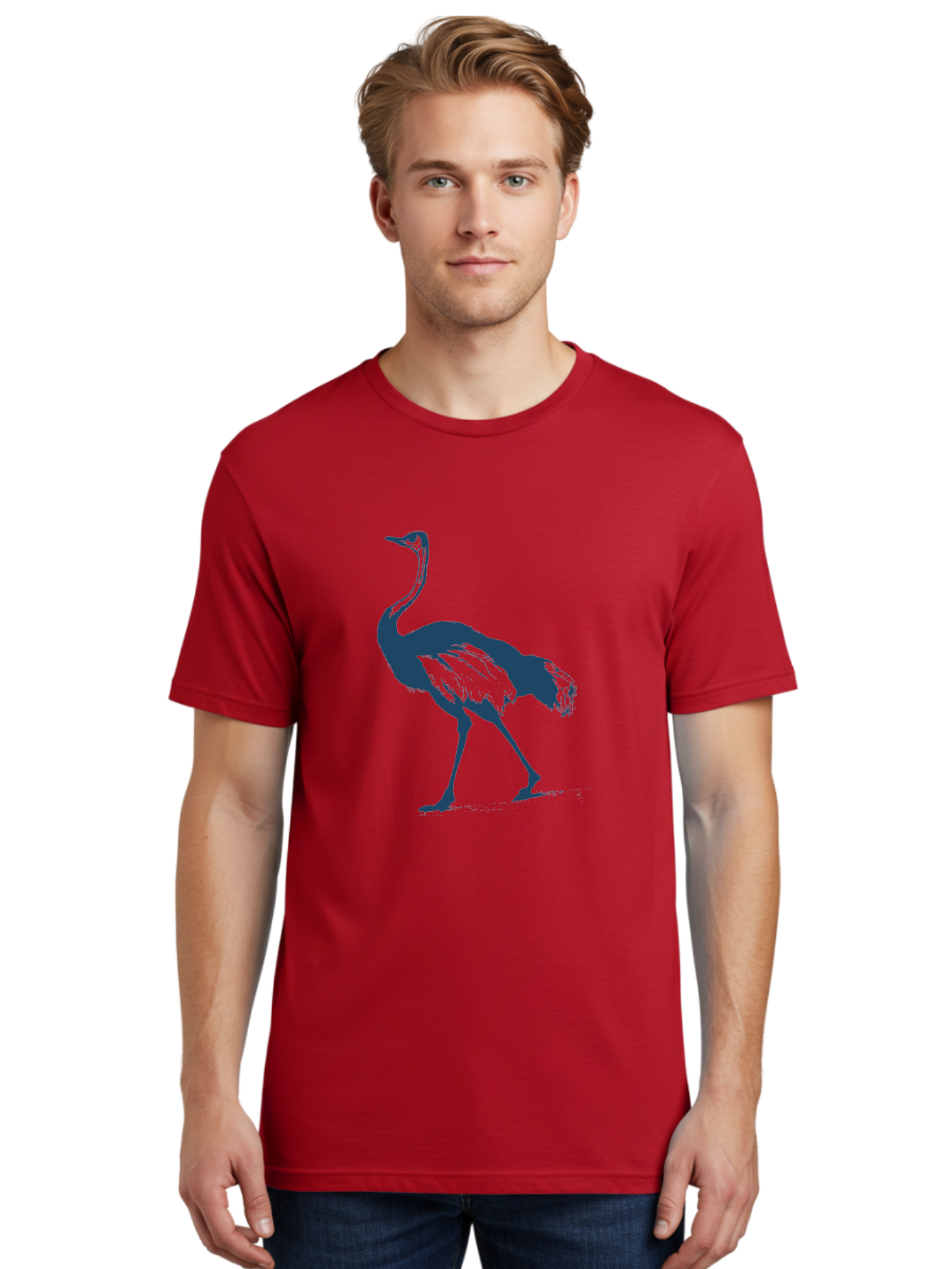 Ostrich Wildlife Men'S Graphic Tee, 100% Cotton, Comfortable Casual Summer Wear, Machine Washable, Ostrich Silhouette, Large Bird, Long Neck, Walking Pose, Dark Blue Illustration, Wildlife, Birdwatching, Nature Lover, Animal Art, Aae570 4