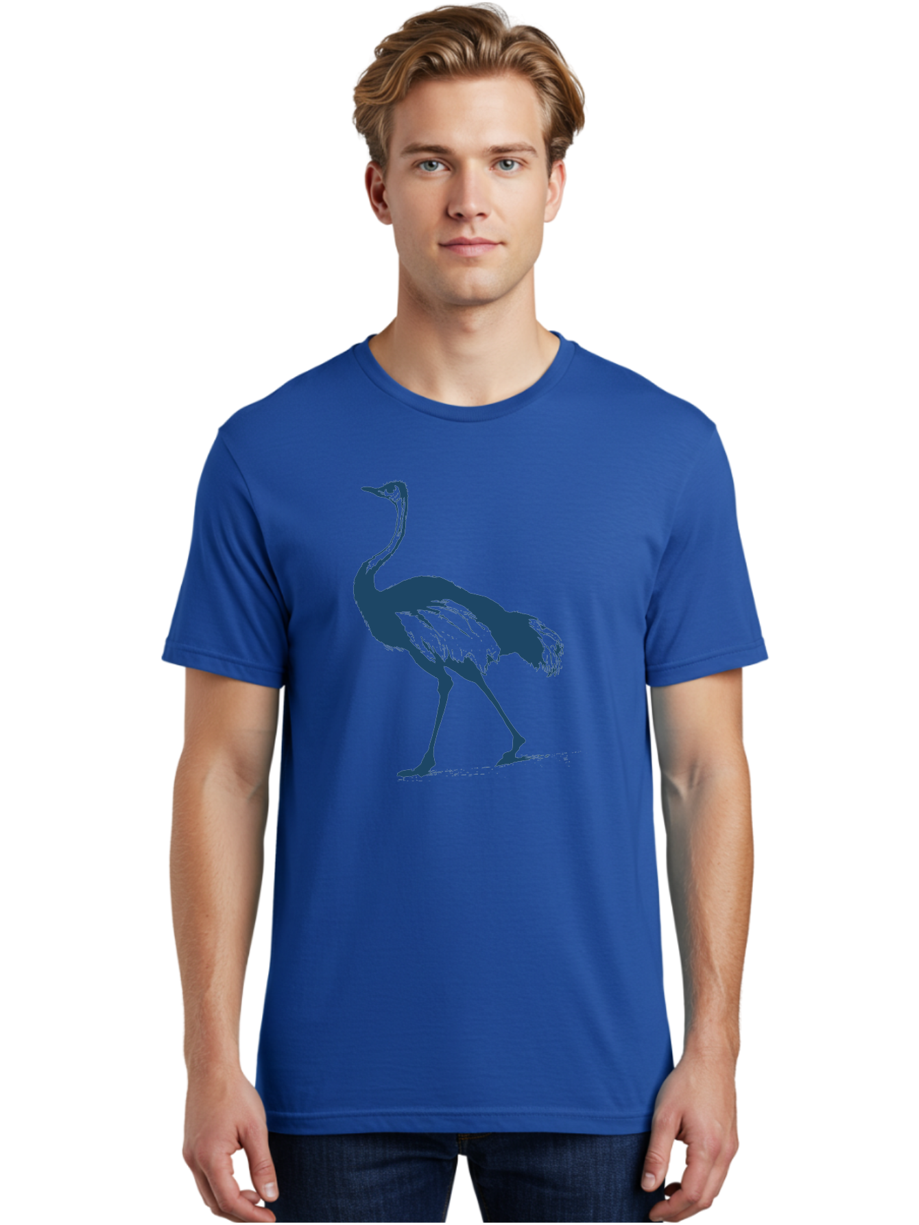 Ostrich Wildlife Men'S Graphic Tee, 100% Cotton, Comfortable Casual Summer Wear, Machine Washable, Ostrich Silhouette, Large Bird, Long Neck, Walking Pose, Dark Blue Illustration, Wildlife, Birdwatching, Nature Lover, Animal Art, Aae570 10