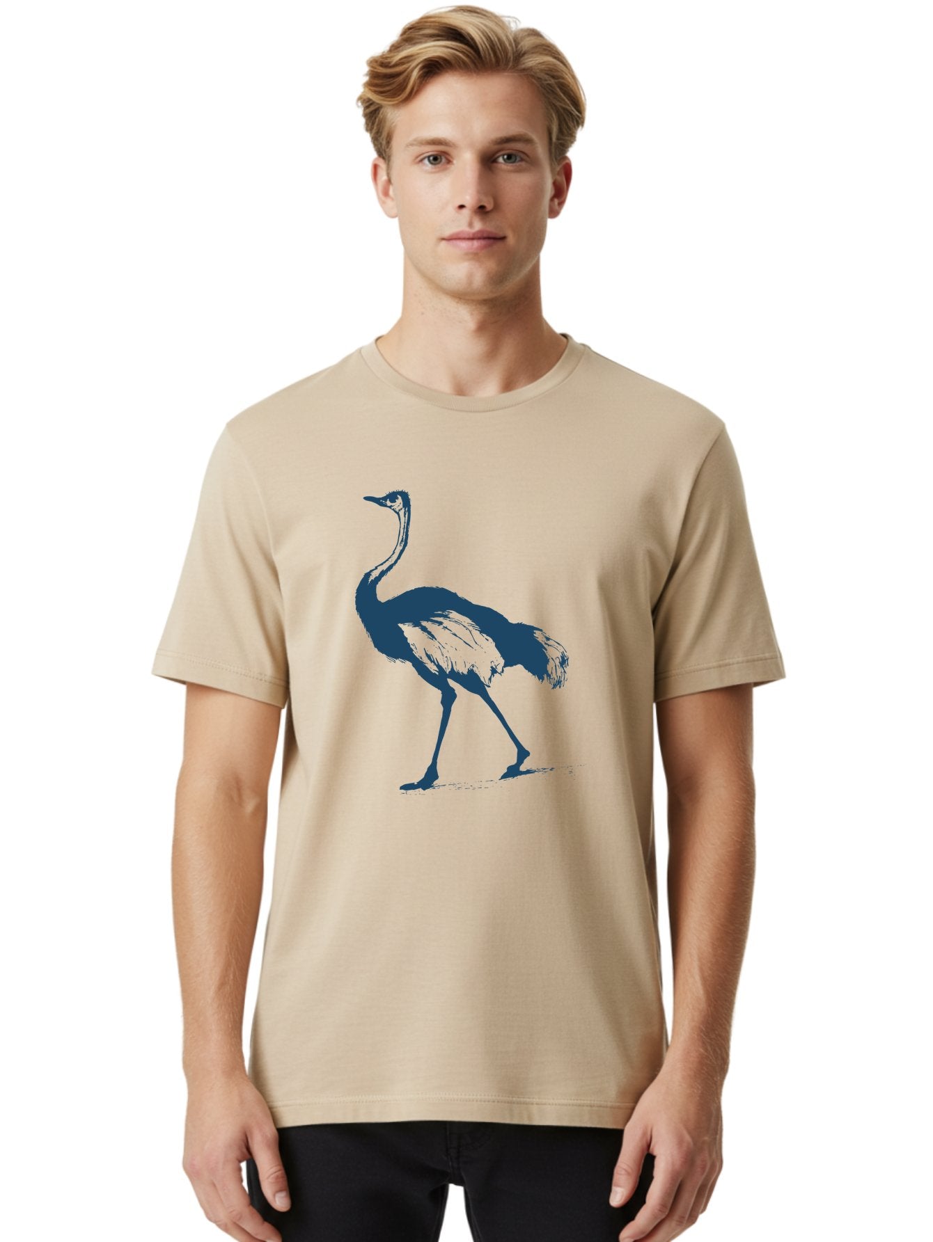 Ostrich Wildlife Men'S Graphic Tee, 100% Cotton, Comfortable Casual Summer Wear, Machine Washable, Ostrich Silhouette, Large Bird, Long Neck, Walking Pose, Dark Blue Illustration, Wildlife, Birdwatching, Nature Lover, Animal Art, Aae570 22