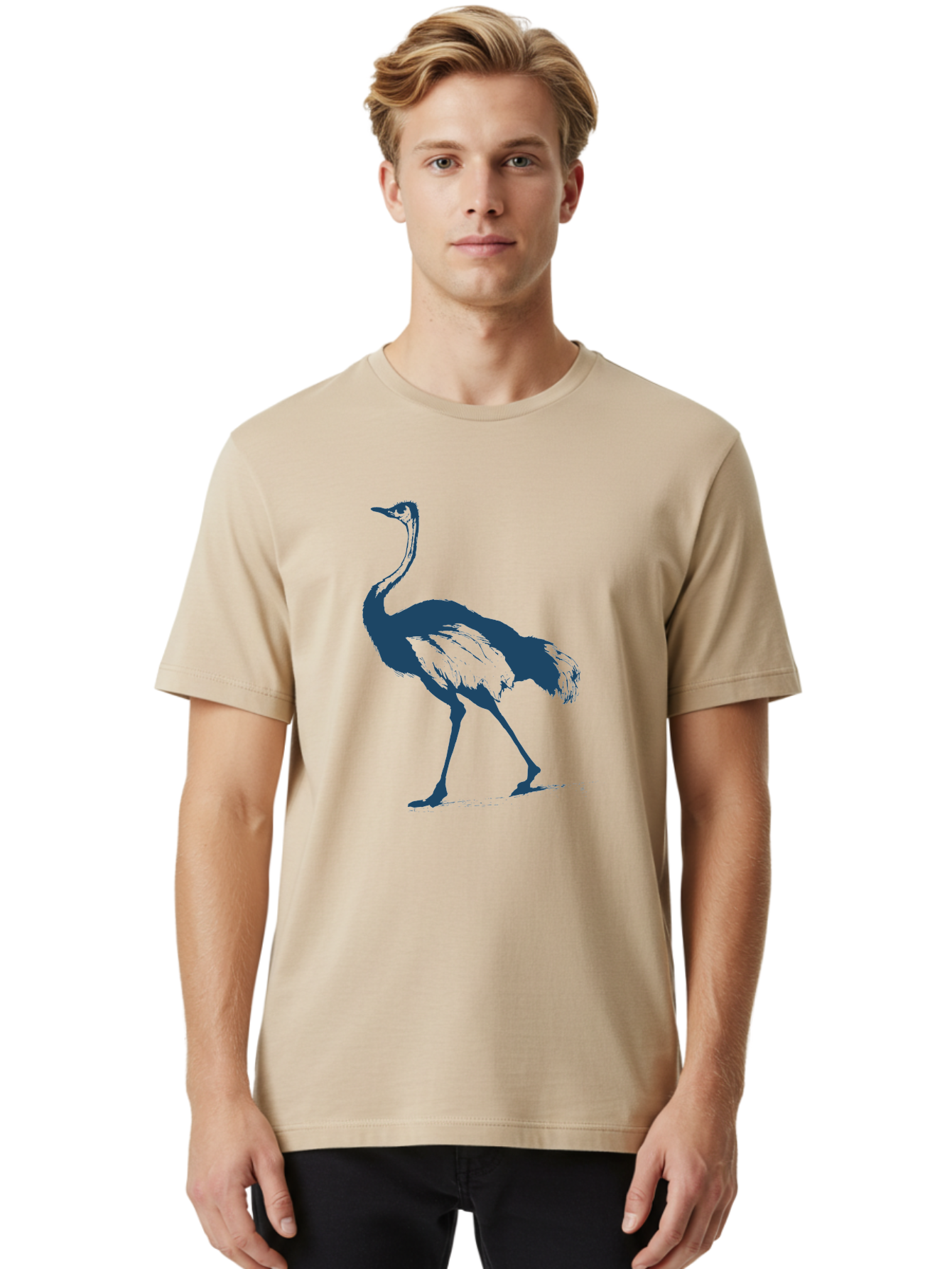 Ostrich Wildlife Men'S Graphic Tee, 100% Cotton, Comfortable Casual Summer Wear, Machine Washable, Ostrich Silhouette, Large Bird, Long Neck, Walking Pose, Dark Blue Illustration, Wildlife, Birdwatching, Nature Lover, Animal Art, Aae570 14