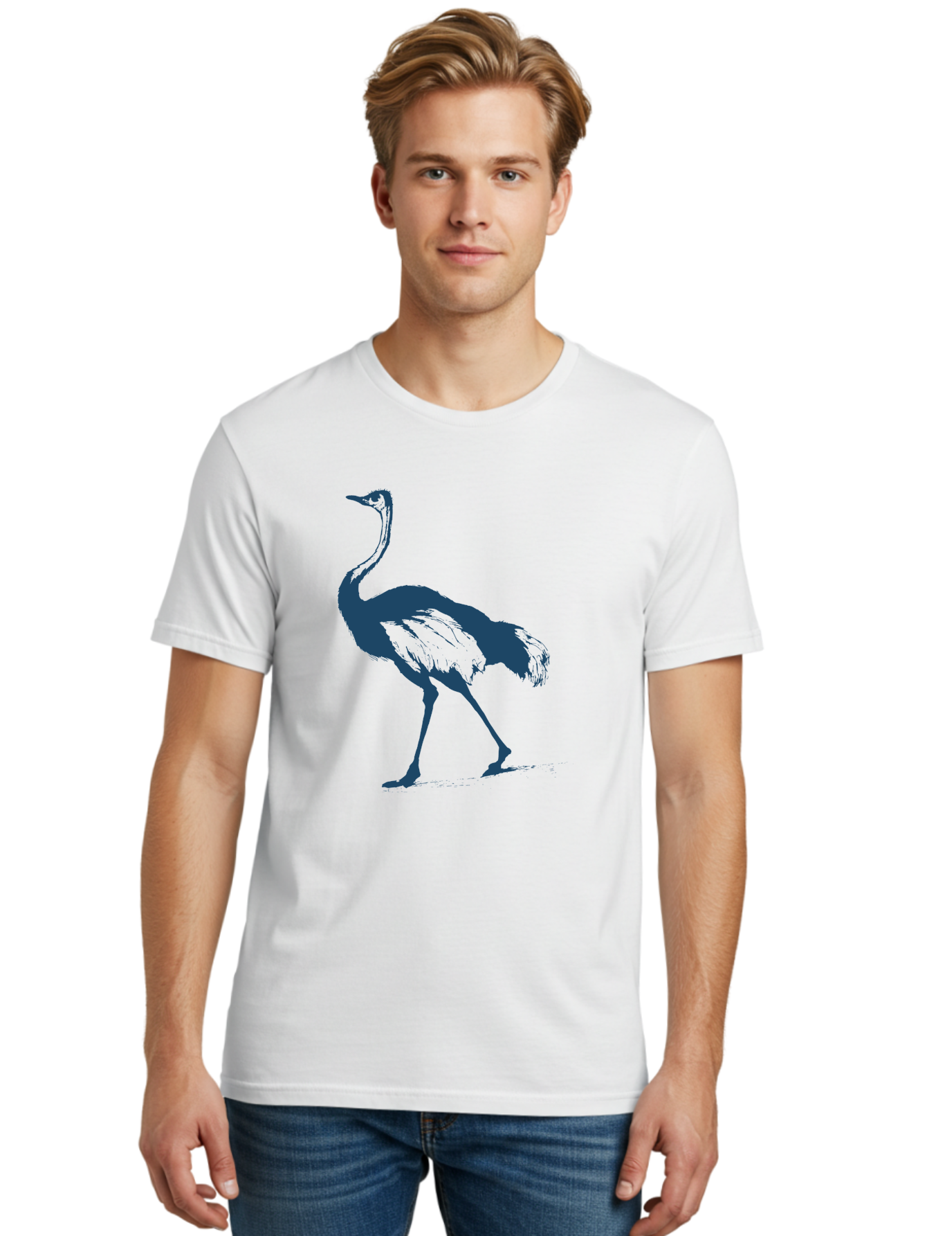 Ostrich Wildlife Men'S Graphic Tee, 100% Cotton, Comfortable Casual Summer Wear, Machine Washable, Ostrich Silhouette, Large Bird, Long Neck, Walking Pose, Dark Blue Illustration, Wildlife, Birdwatching, Nature Lover, Animal Art, Aae570 30