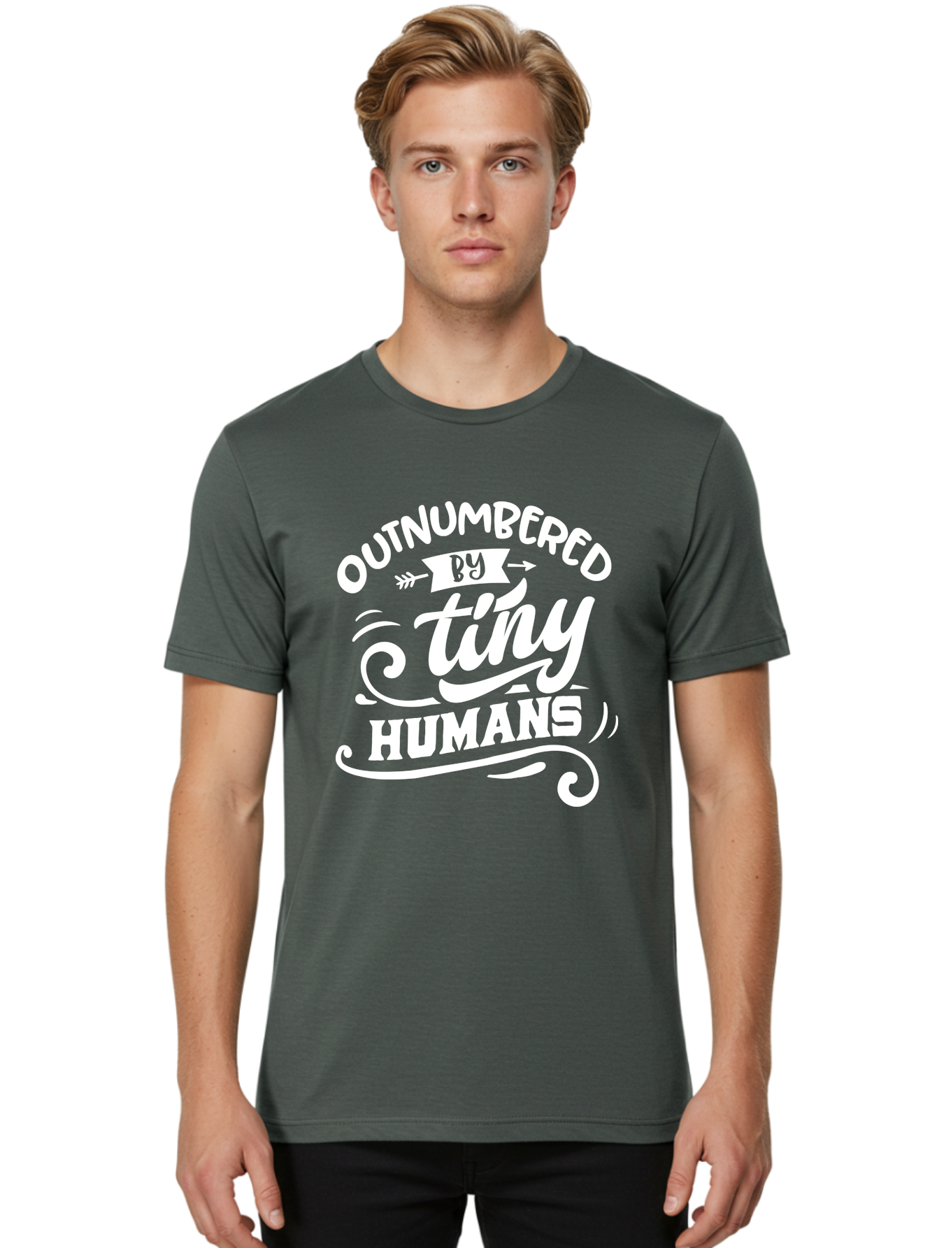 Outnumbered By Tiny Humans White Men'S Graphic Tee, 100% Cotton, Comfortable Casual Summer Wear, Machine Washable, Outnumbered By Tiny Humans, Typography, Quote, Inspirational, Parenting Quote, Fun Design, Whimsical Typography, Cute Phrases, Aae571 4