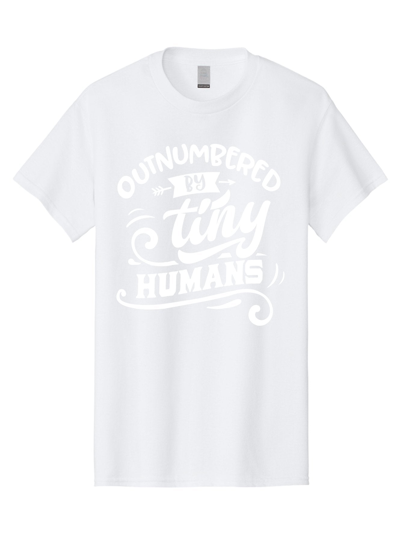 Outnumbered By Tiny Humans White Men'S Graphic Tee, 100% Cotton, Comfortable Casual Summer Wear, Machine Washable, Outnumbered By Tiny Humans, Typography, Quote, Inspirational, Parenting Quote, Fun Design, Whimsical Typography, Cute Phrases, Aae571
