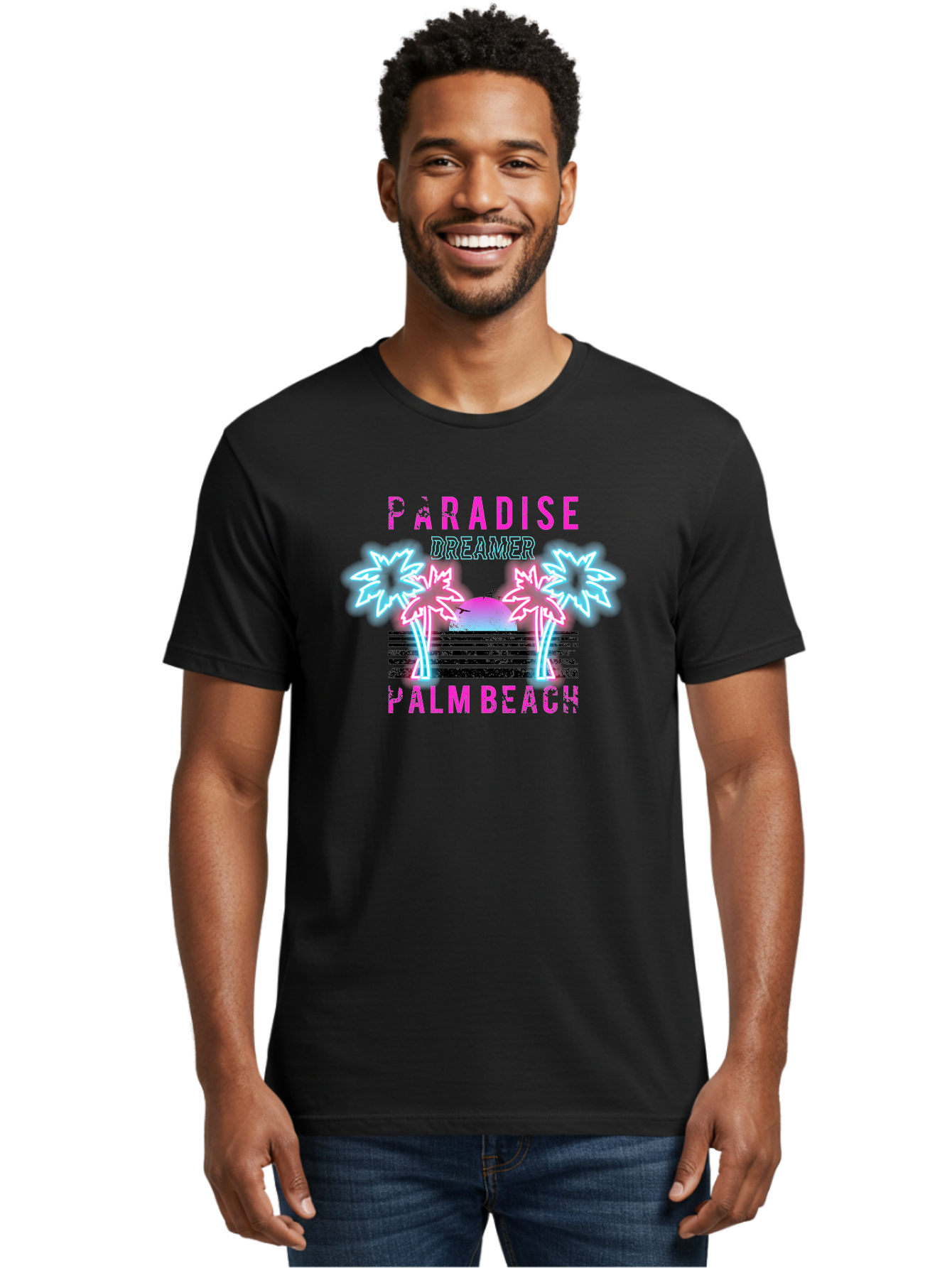 Paradise Dreamer Palm Beach -Men Men'S Graphic Tee, 100% Cotton, Comfortable Casual Summer Wear, Machine Washable, Neon Palm Trees, Tropical Getaway, Paradise Found, Dreamy Vacation, Beach Vibes, Retro Futurism, Futuristic Design, Aae576 20