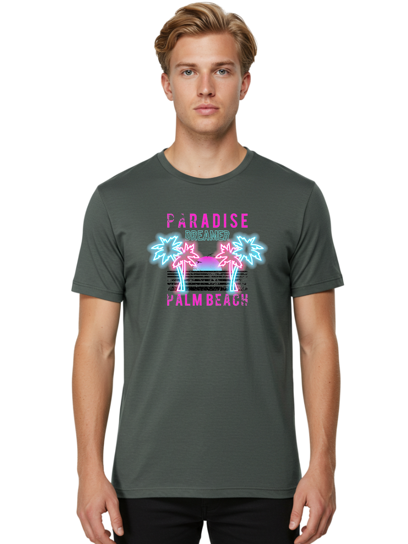 Paradise Dreamer Palm Beach -Men Men'S Graphic Tee, 100% Cotton, Comfortable Casual Summer Wear, Machine Washable, Neon Palm Trees, Tropical Getaway, Paradise Found, Dreamy Vacation, Beach Vibes, Retro Futurism, Futuristic Design, Aae576 30