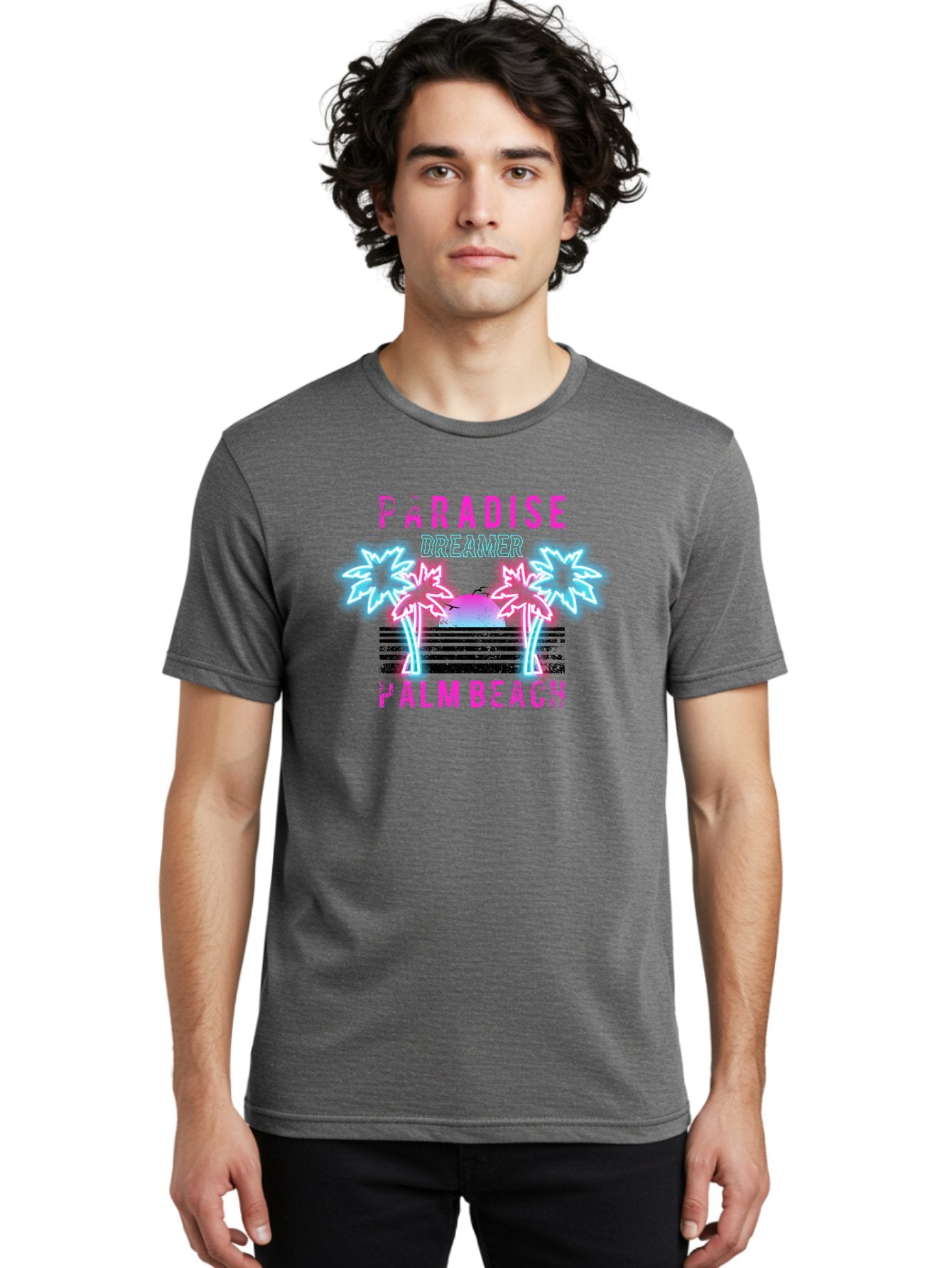 Paradise Dreamer Palm Beach -Men Men'S Graphic Tee, 100% Cotton, Comfortable Casual Summer Wear, Machine Washable, Neon Palm Trees, Tropical Getaway, Paradise Found, Dreamy Vacation, Beach Vibes, Retro Futurism, Futuristic Design, Aae576 28