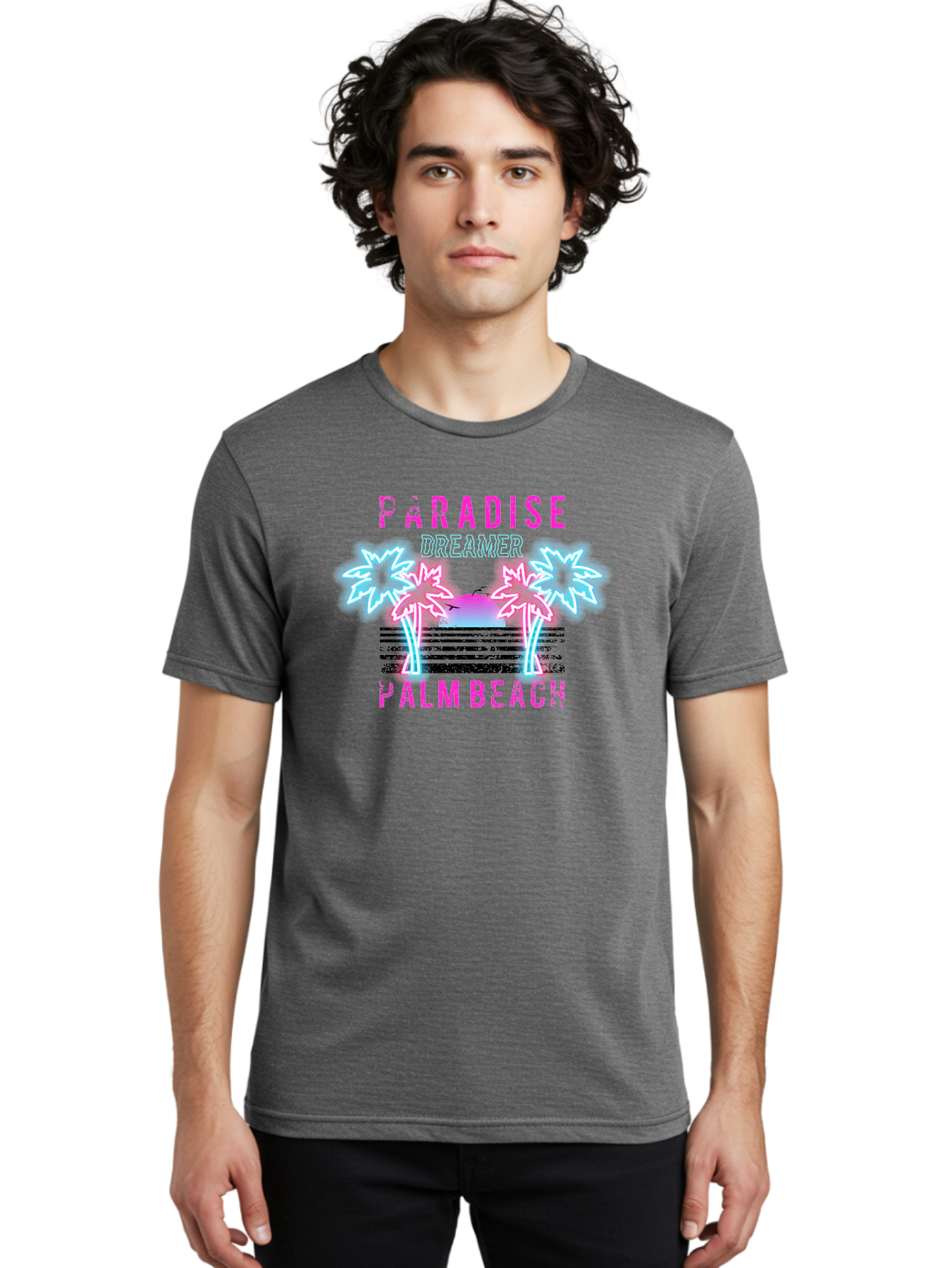 Paradise Dreamer Palm Beach -Men Men'S Graphic Tee, 100% Cotton, Comfortable Casual Summer Wear, Machine Washable, Neon Palm Trees, Tropical Getaway, Paradise Found, Dreamy Vacation, Beach Vibes, Retro Futurism, Futuristic Design, Aae576 16